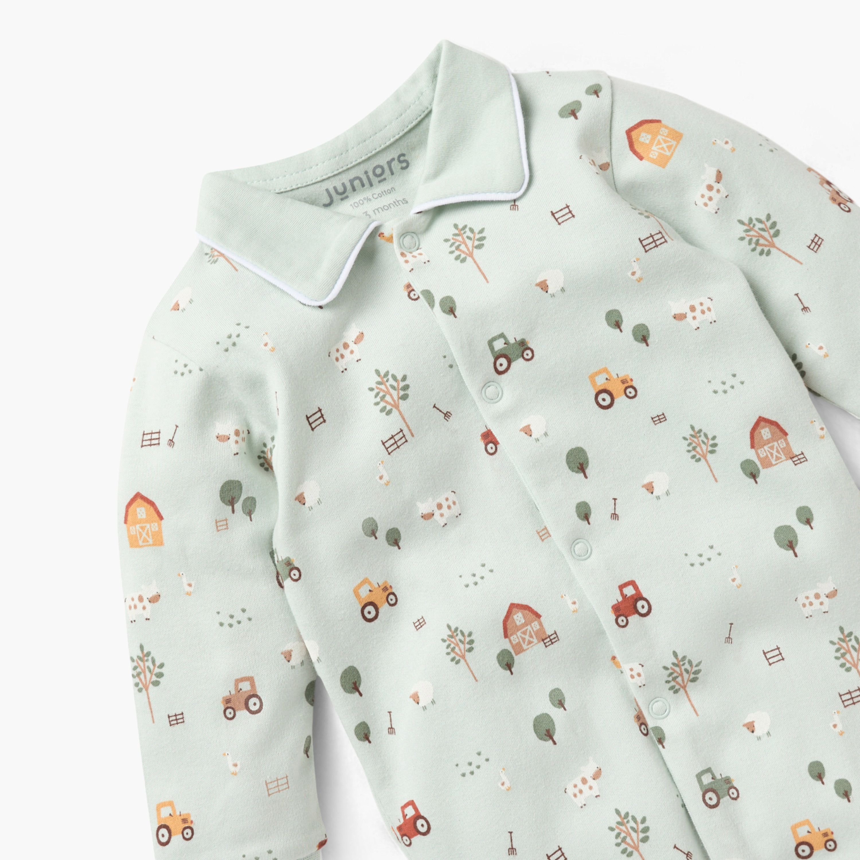 Juniors All-Over Farmyard Print Closed Feet Sleepsuit with Collar and Long Sleeves-baby-boys-clothing-nightwear-sleepsuits-image-2
