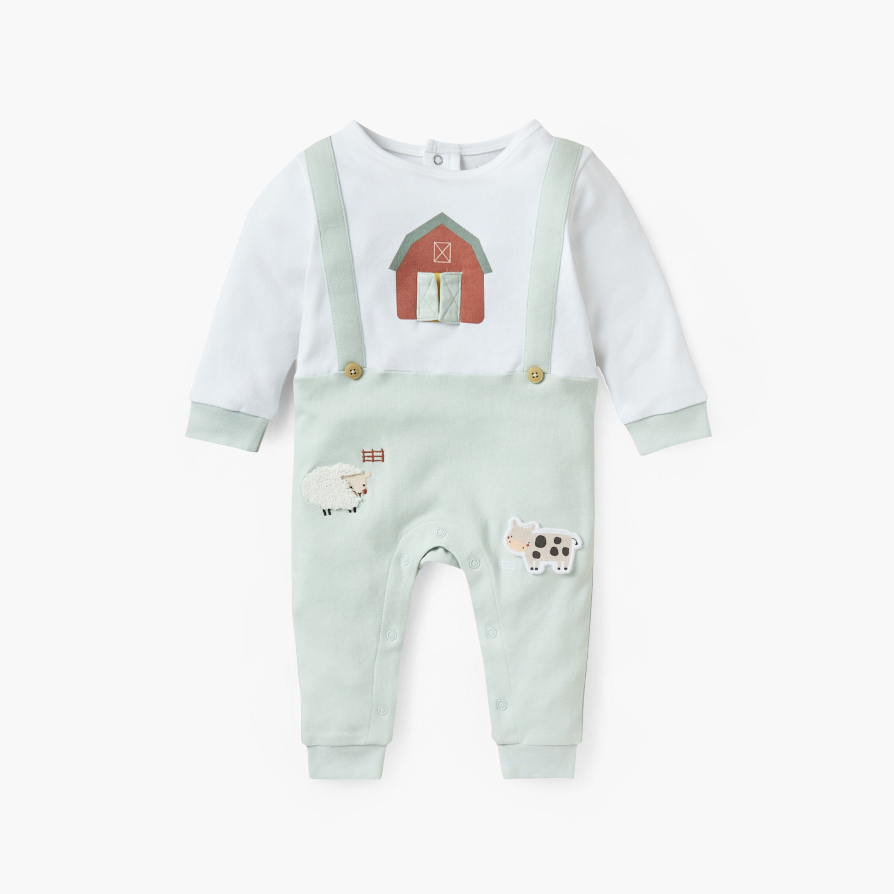 Juniors Farmyard Print Sleepsuit with Round Neck and Long Sleeves-baby-boys-clothing-nightwear-sleepsuits-image-1