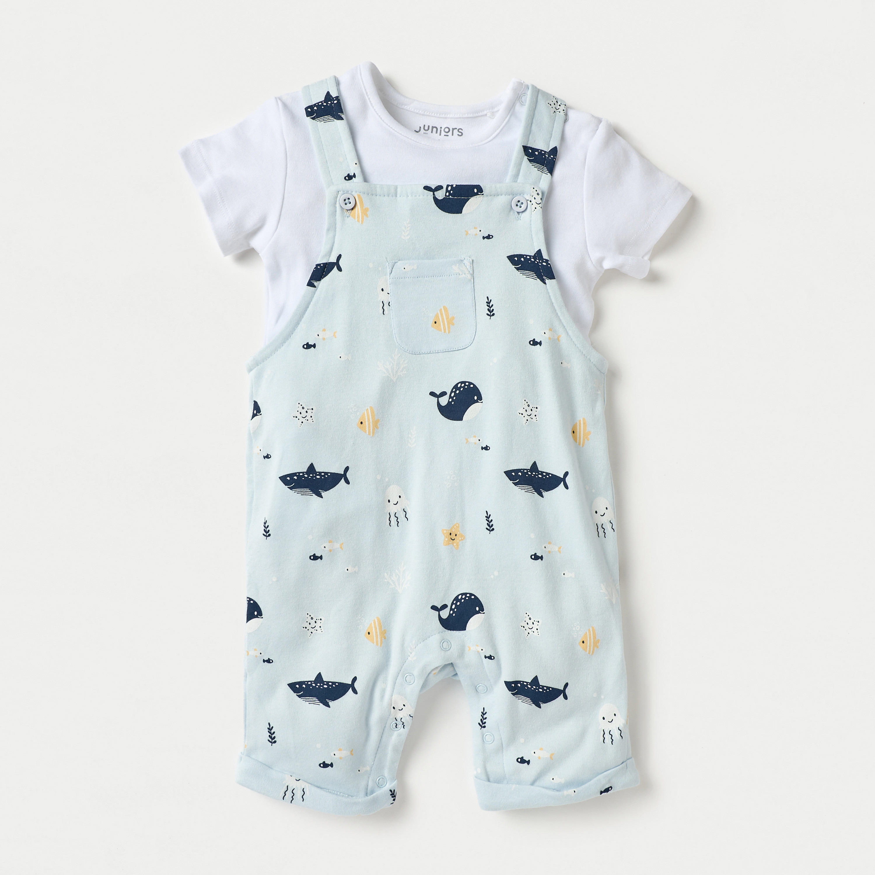 Juniors Solid T-shirt and Underwater Print Dungaree Set-baby-boys-clothing-winterwear-rompers-image-1