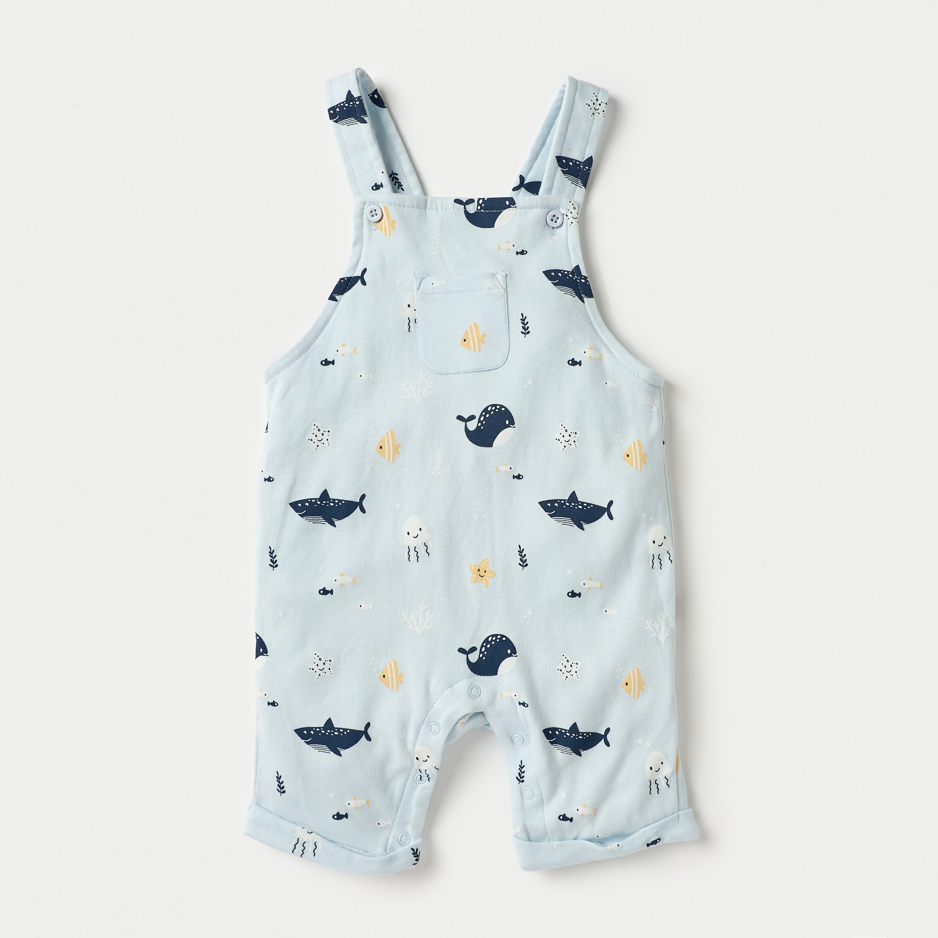 Juniors Solid T-shirt and Underwater Print Dungaree Set-baby-boys-clothing-winterwear-rompers-image-2