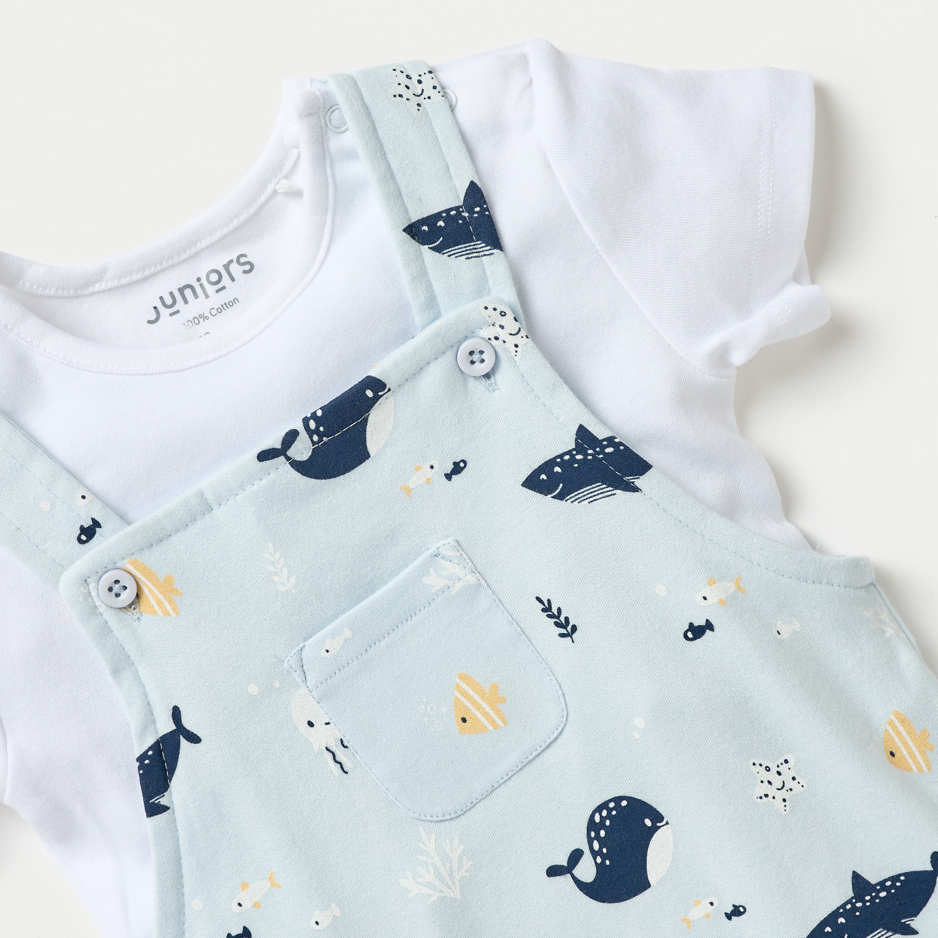 Juniors Solid T-shirt and Underwater Print Dungaree Set-baby-boys-clothing-winterwear-rompers-image-4