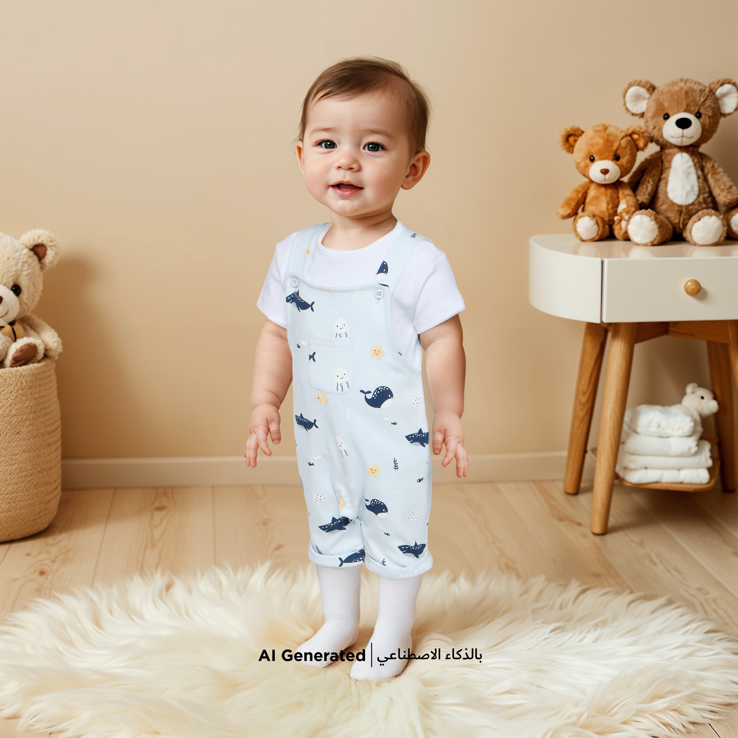 Juniors Solid T-shirt and Underwater Print Dungaree Set-baby-boys-clothing-winterwear-rompers-image-6