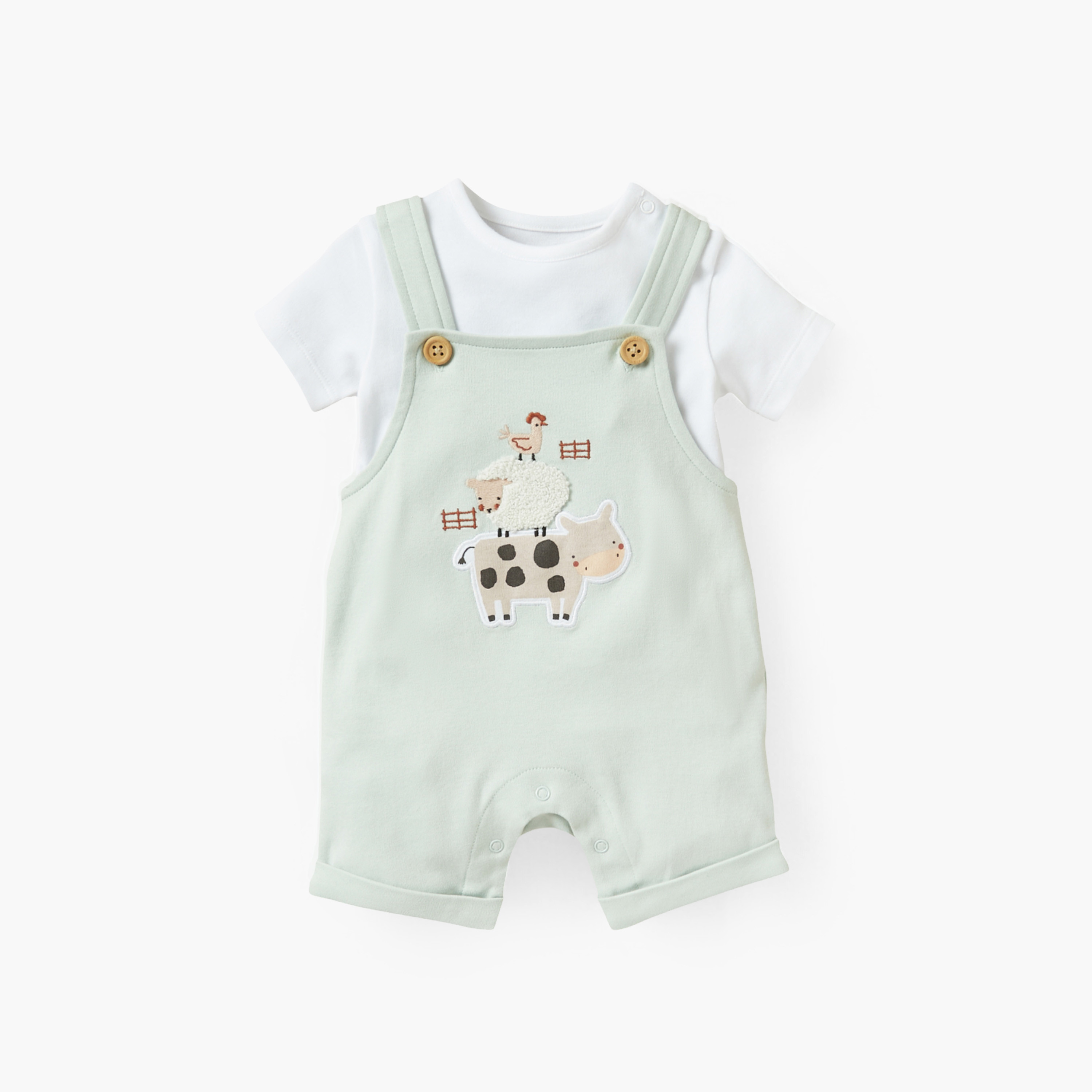 Juniors Solid Short Sleeves T-shirt with Farmyard Animal Applique Dungarees-baby-boys-clothing-rompers-image-1