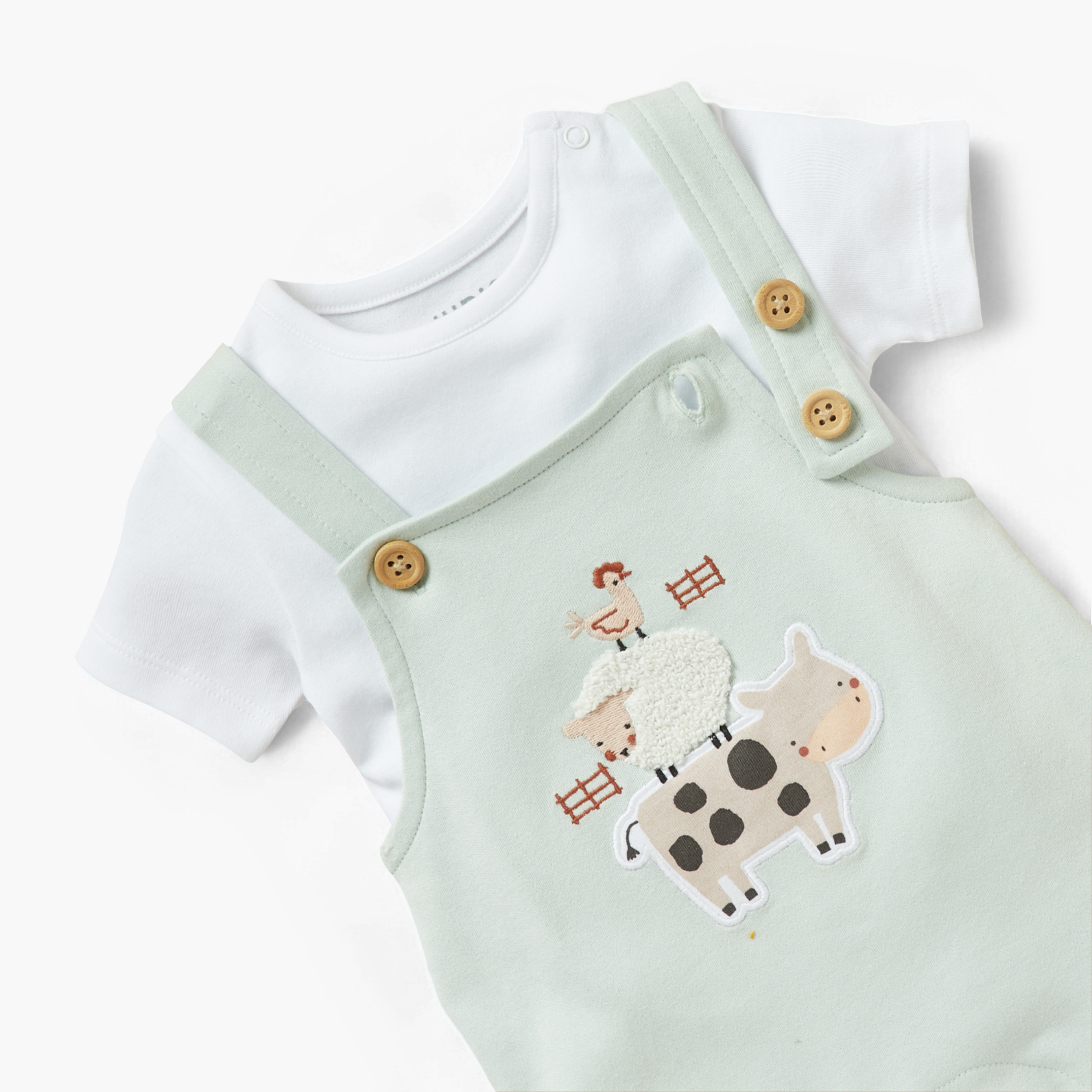 Juniors Solid Short Sleeves T-shirt with Farmyard Animal Applique Dungarees-baby-boys-clothing-rompers-image-4