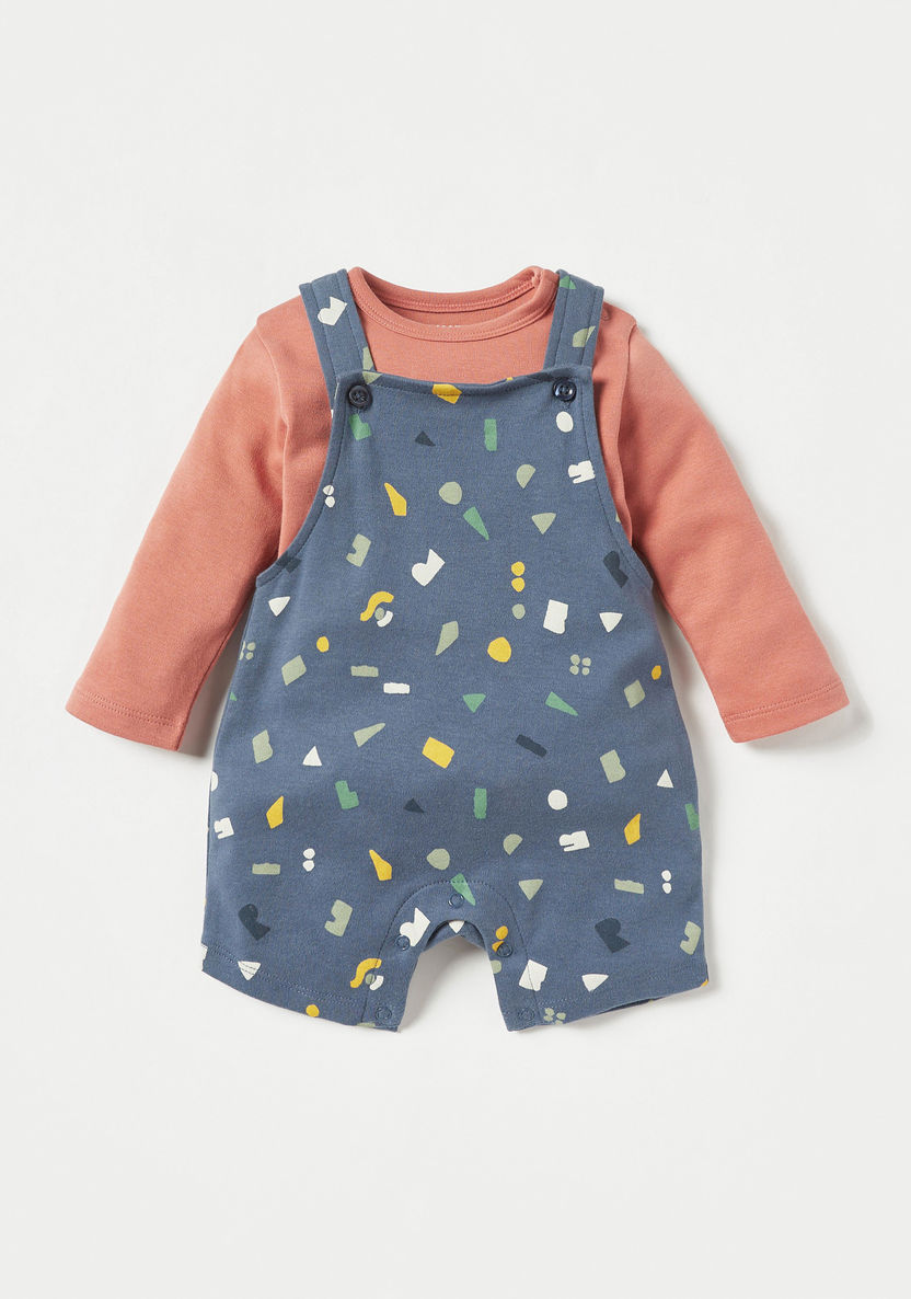 Juniors Printed Dungaree and T-shirt Set-Rompers%2C Dungarees and Jumpsuits-image-0