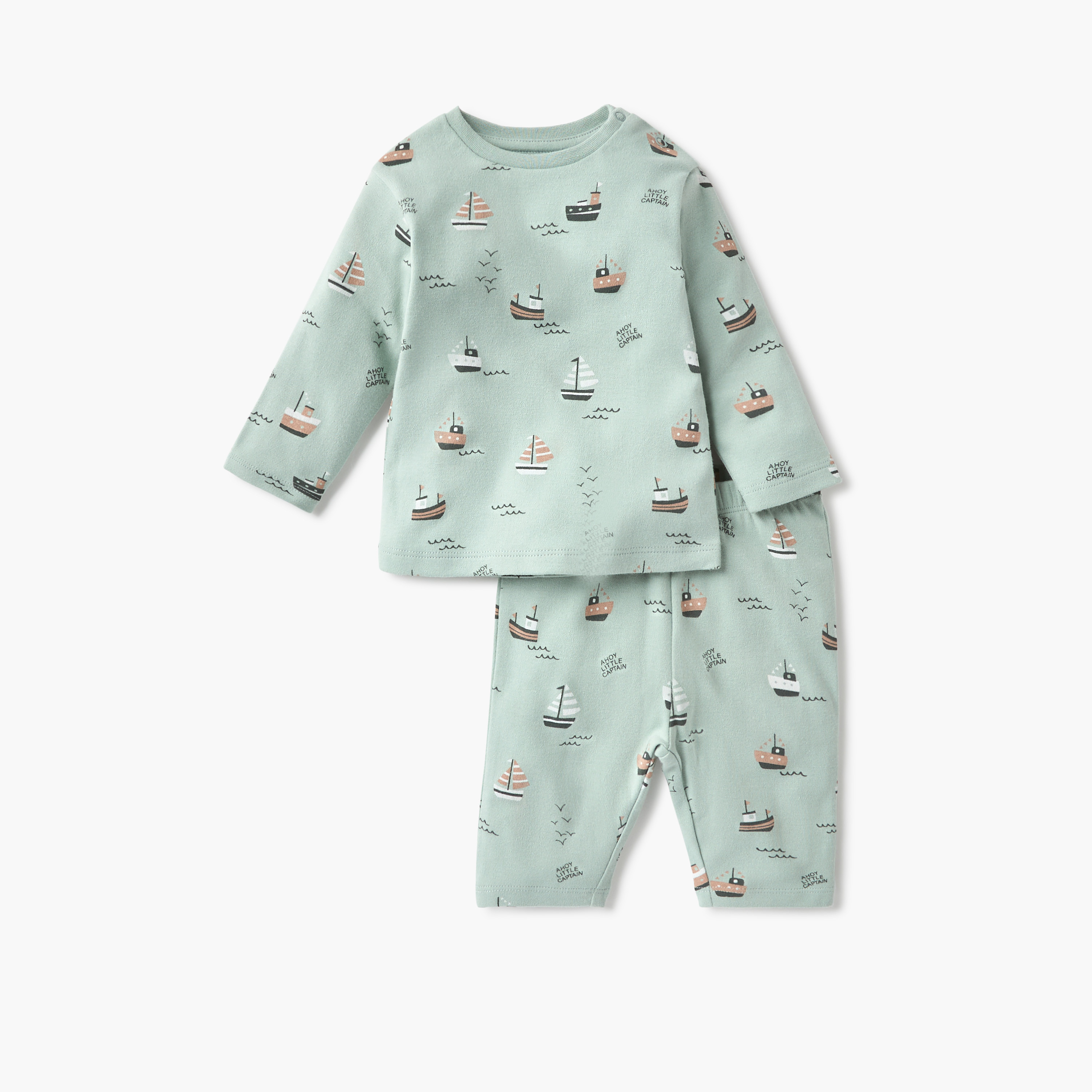Juniors Ship Print T-shirts and Pyjamas - Set of 2-baby-boys-clothing-nightwear-pyjamasets-image-2