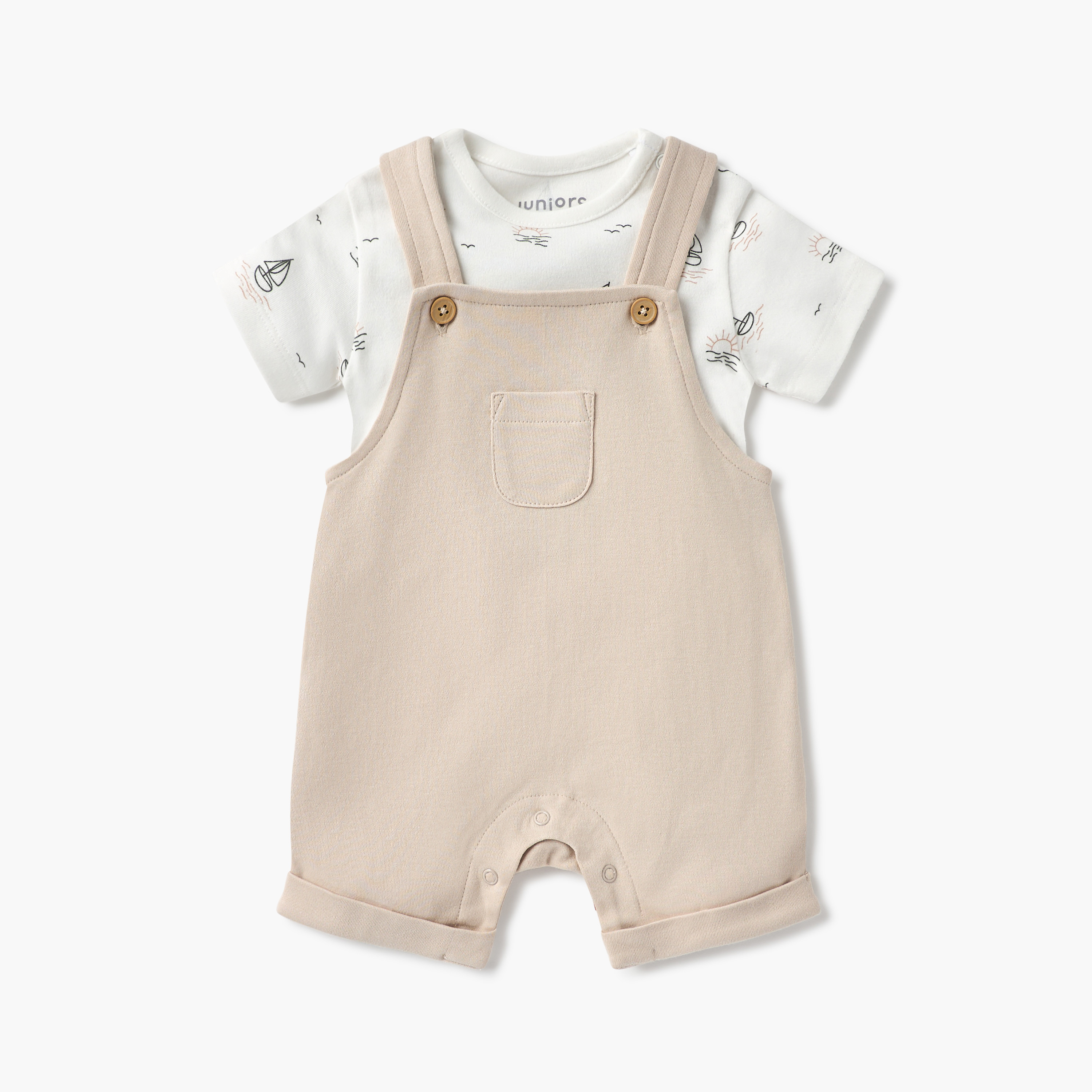 Juniors Solid Dungaree and Ship Print T-shirt Set-baby-boys-clothing-setsandcoords-image-1