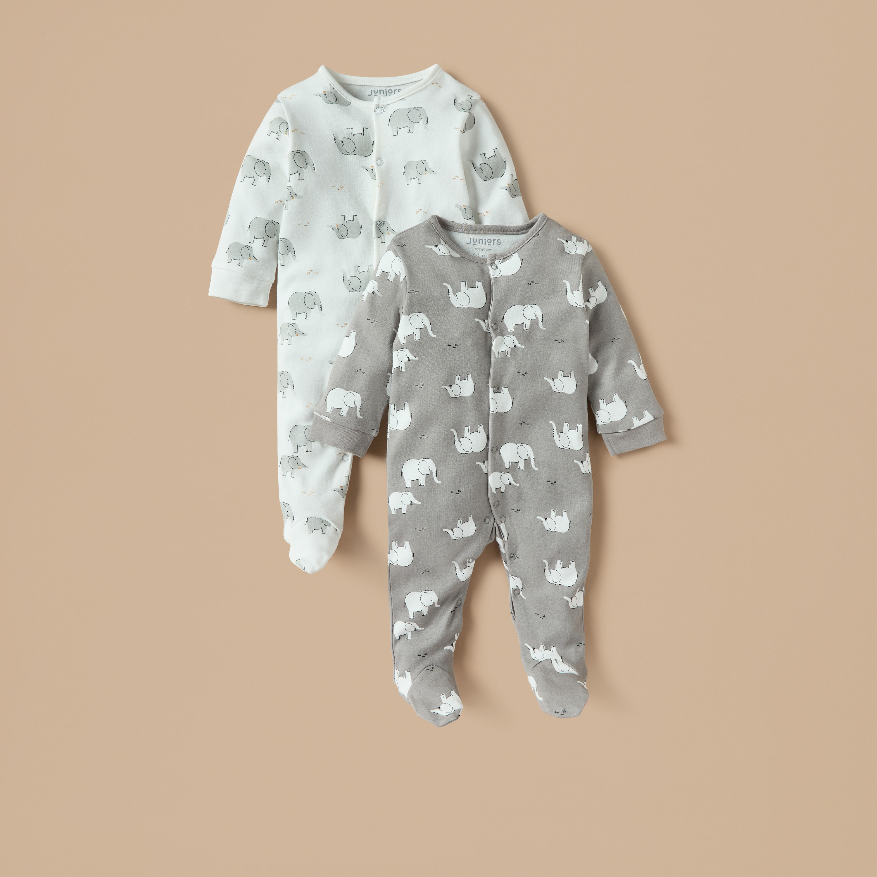 Juniors Elephant Print Closed Feet Sleepsuit with Button Closure - Set of 2-baby-boys-clothing-nightwear-sleepsuits-image-1