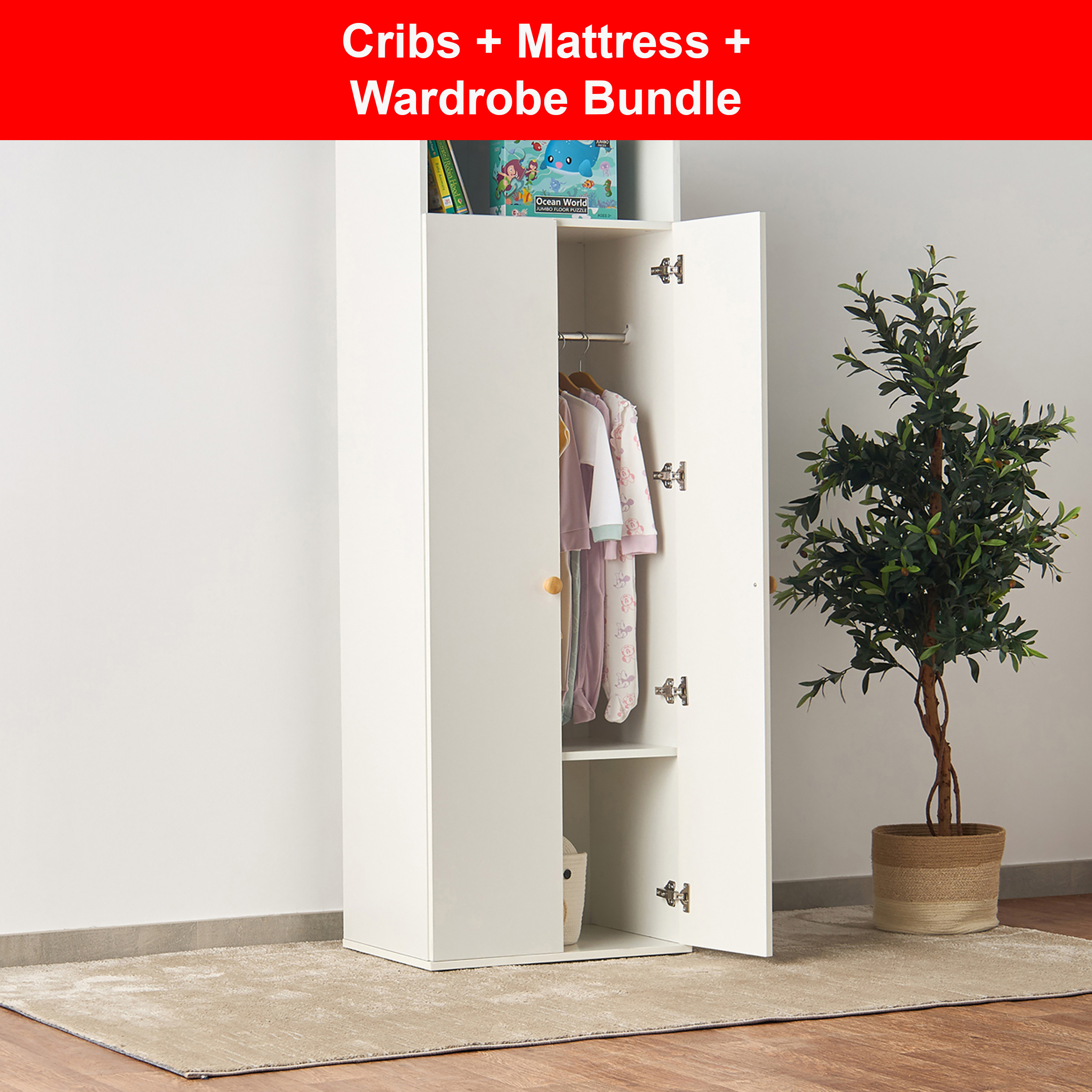 Juniors Darcy 2-Door Wardrobe and Hudson 2-in-1 Convertible Crib with Mattress -baby-nursery-furniture-cribsandbeds-babycribs-image-1
