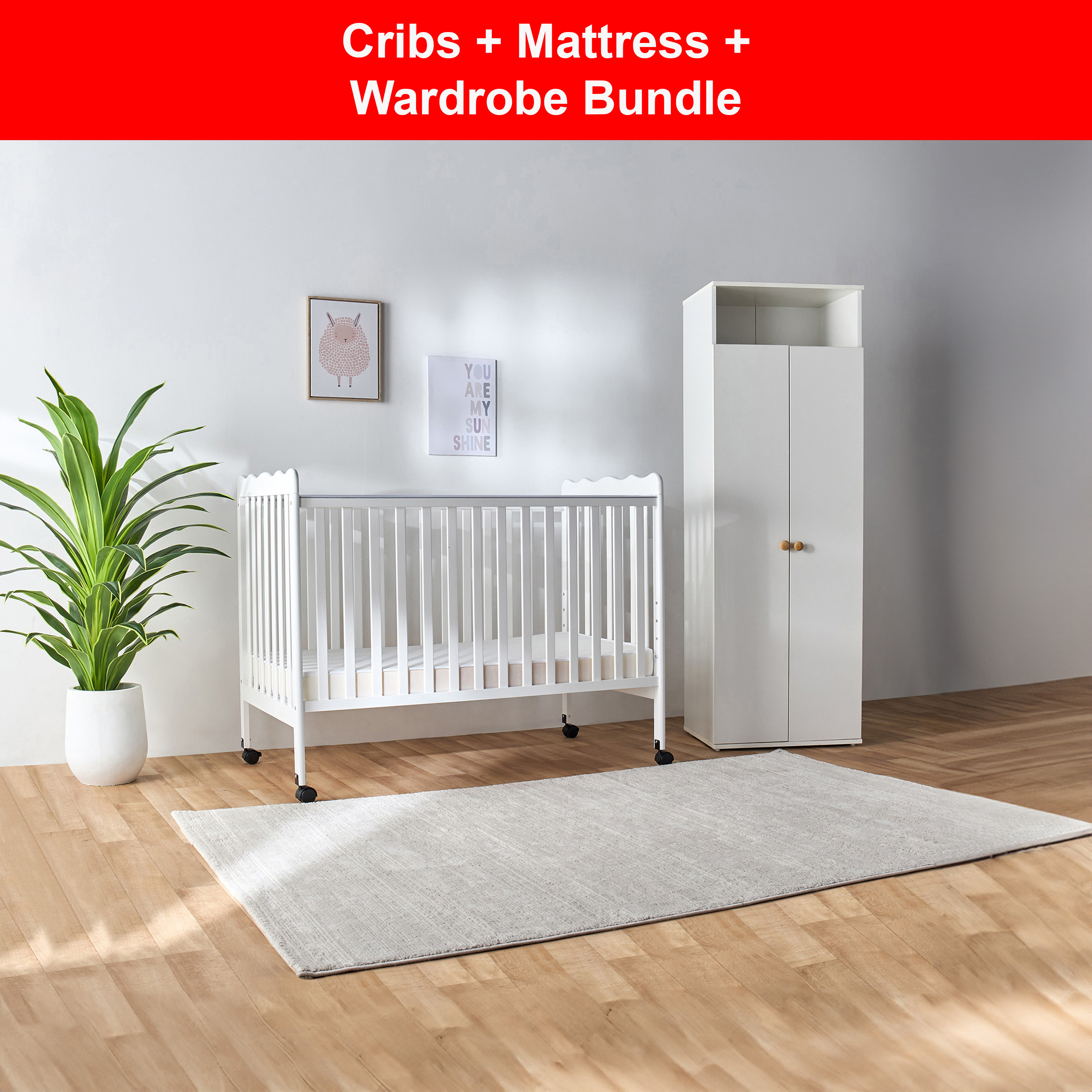 Juniors Darcy 2-Door Wardrobe and Everly Crib with Wheels and Mattress-baby-nursery-furniture-cribsandbeds-babycribs-image-1