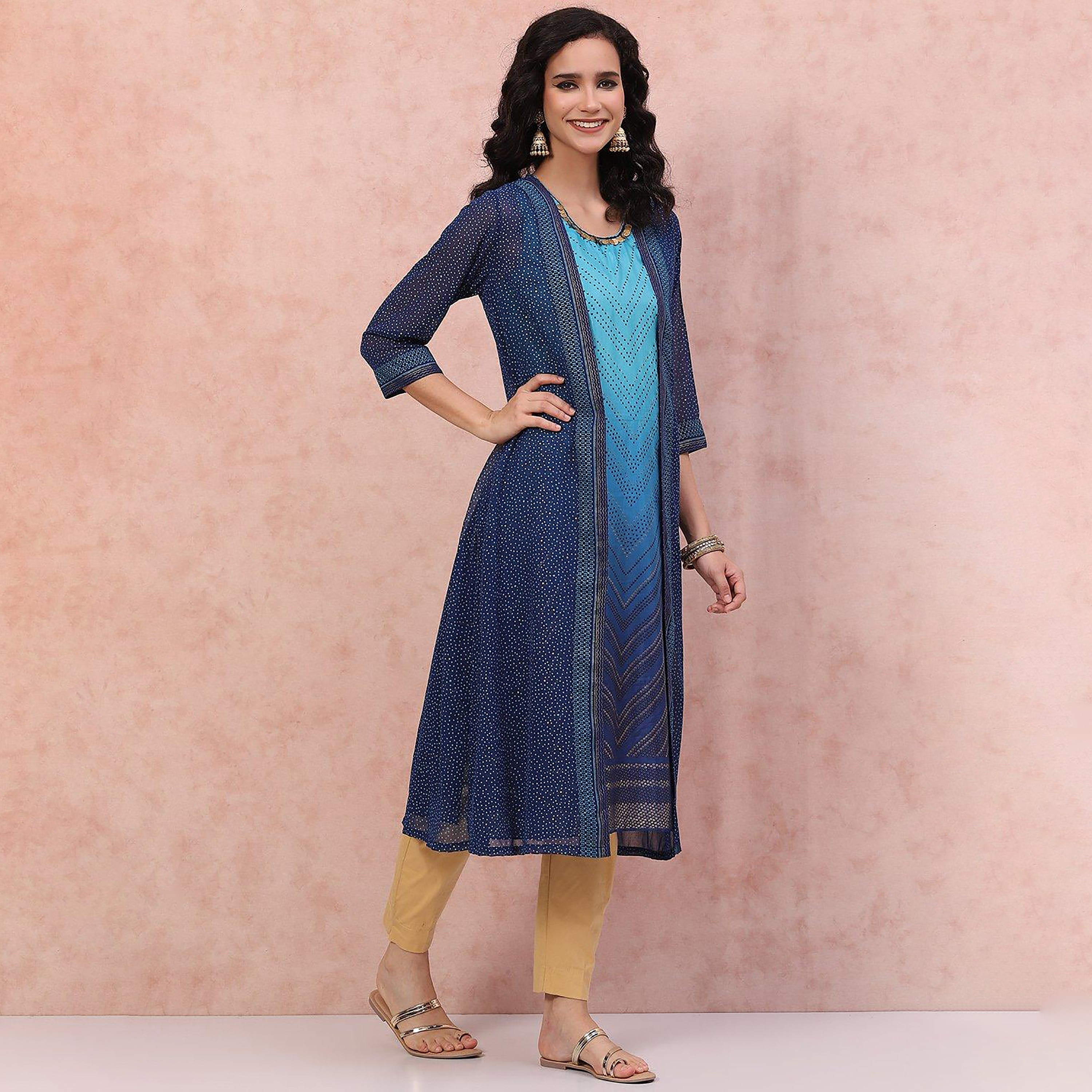 كورتا رانغريتي ذو أومبير برقبة دائرية مع مطبوعة ومستقيمة-women-clothing-ethnicwear-dresses-image-2