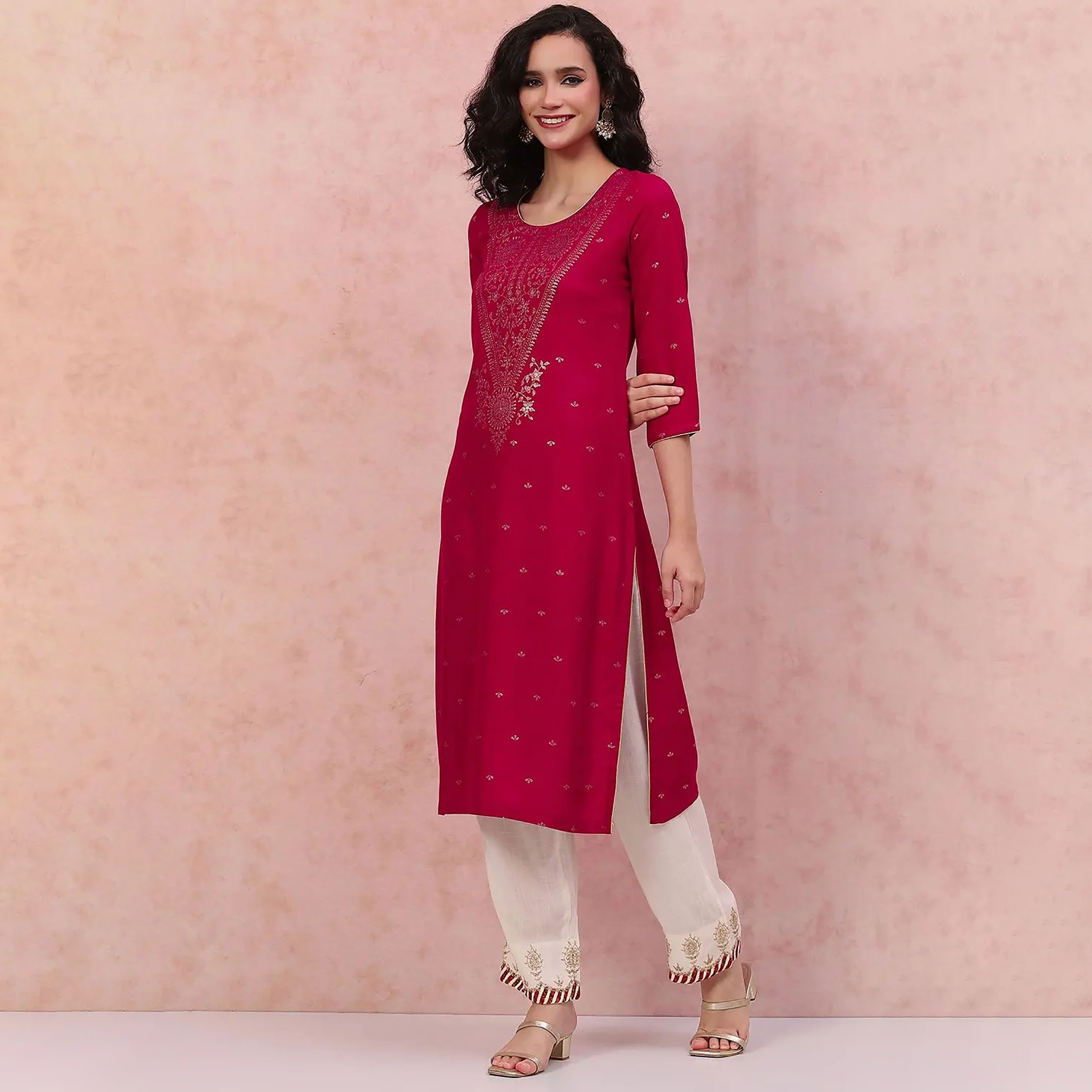 كورتا مستقيمة من رانغريتي ذو مطبوعة برقبة مستديرة-women-clothing-ethnicwear-dresses-image-2