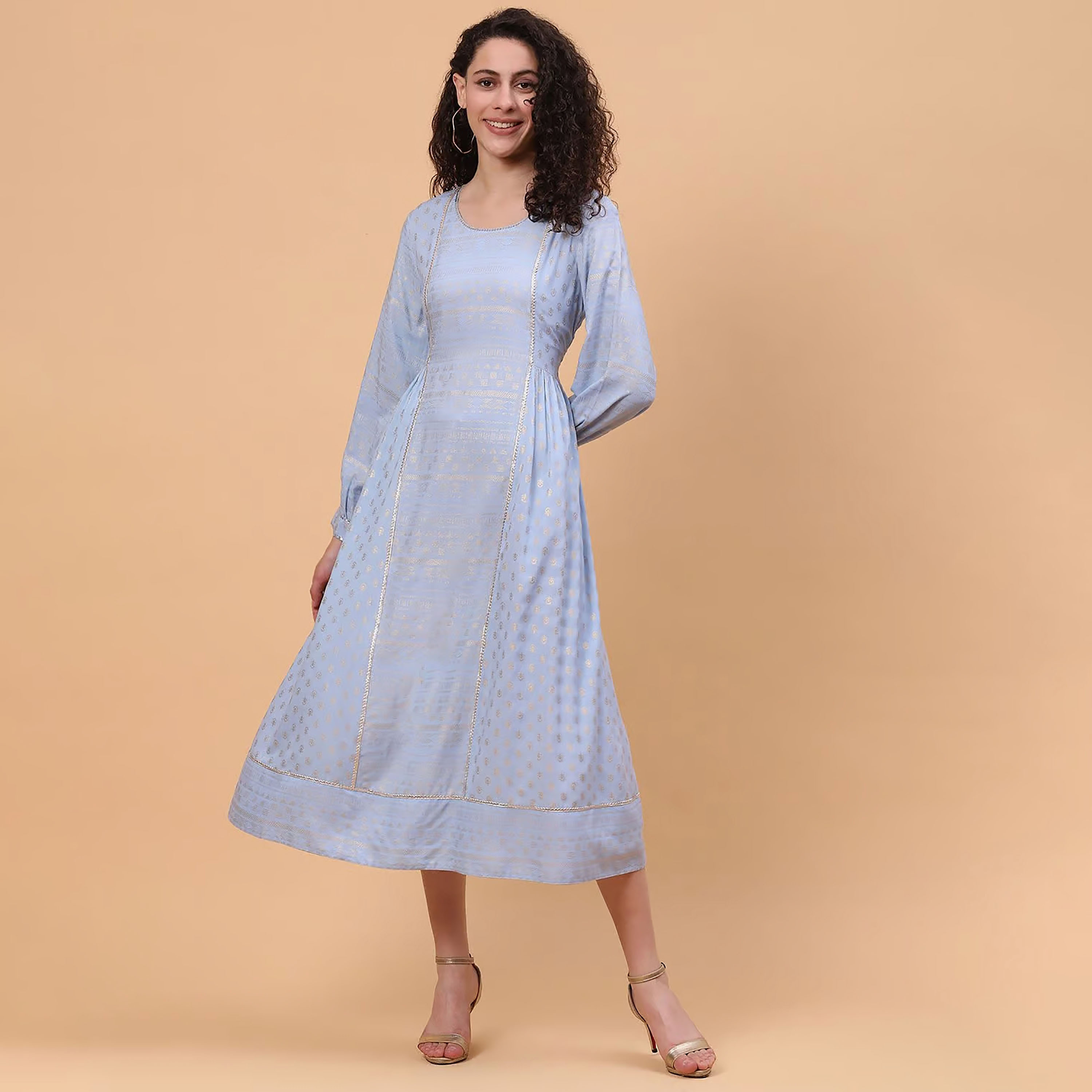 فستان ميدي ذو شكل ايه لاين برقبة دائرية وطبعة فويل من رانغريتي مع غوتا وورك-women-clothing-ethnicwear-dresses-image-1