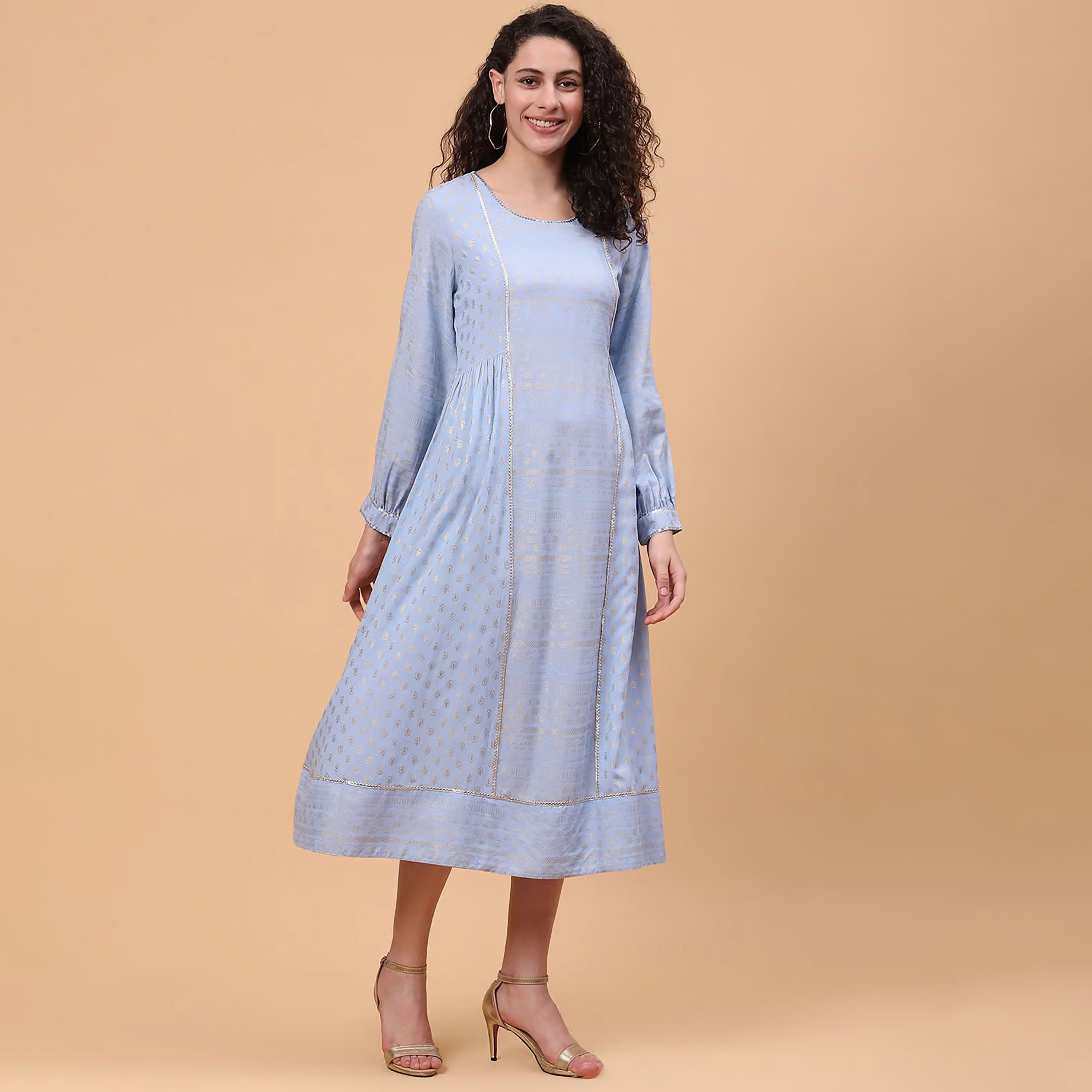 فستان ميدي ذو شكل ايه لاين برقبة دائرية وطبعة فويل من رانغريتي مع غوتا وورك-women-clothing-ethnicwear-dresses-image-4