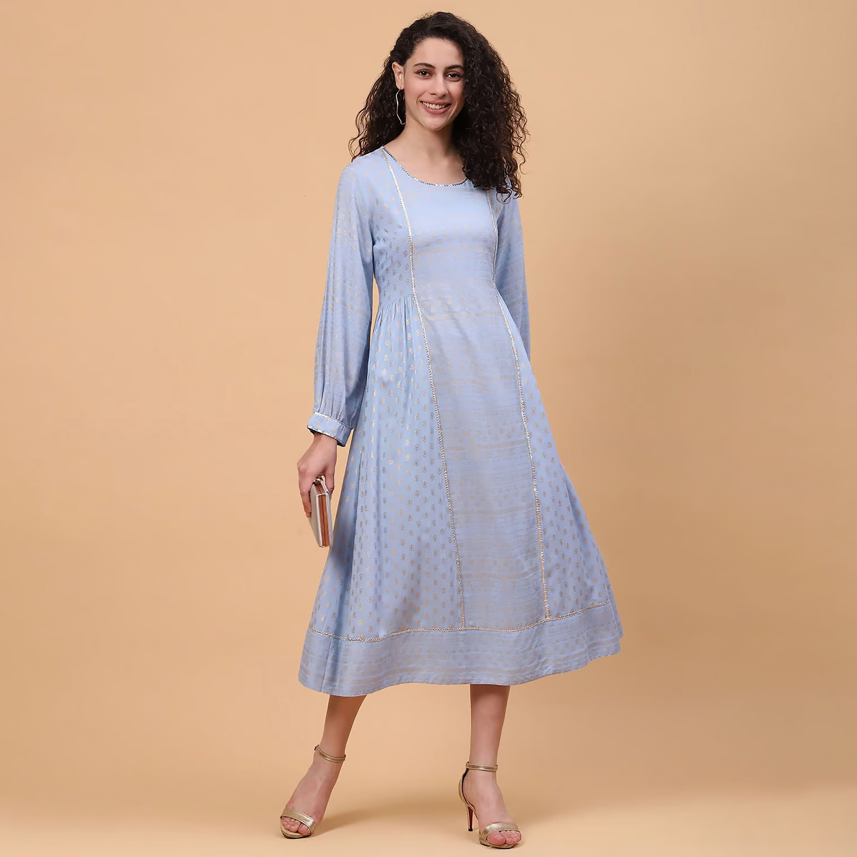 فستان ميدي ذو شكل ايه لاين برقبة دائرية وطبعة فويل من رانغريتي مع غوتا وورك-women-clothing-ethnicwear-dresses-image-5