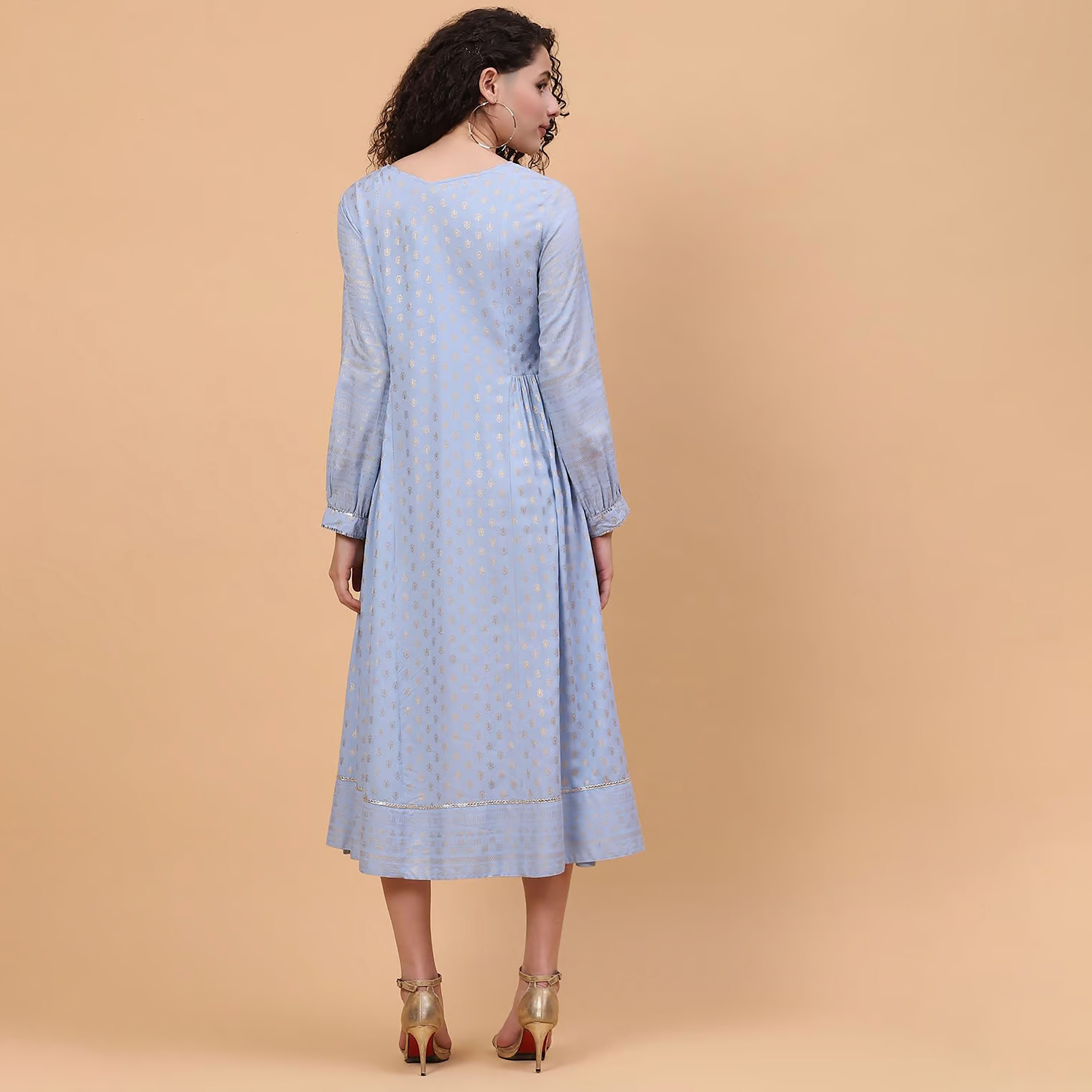 فستان ميدي ذو شكل ايه لاين برقبة دائرية وطبعة فويل من رانغريتي مع غوتا وورك-women-clothing-ethnicwear-dresses-image-6