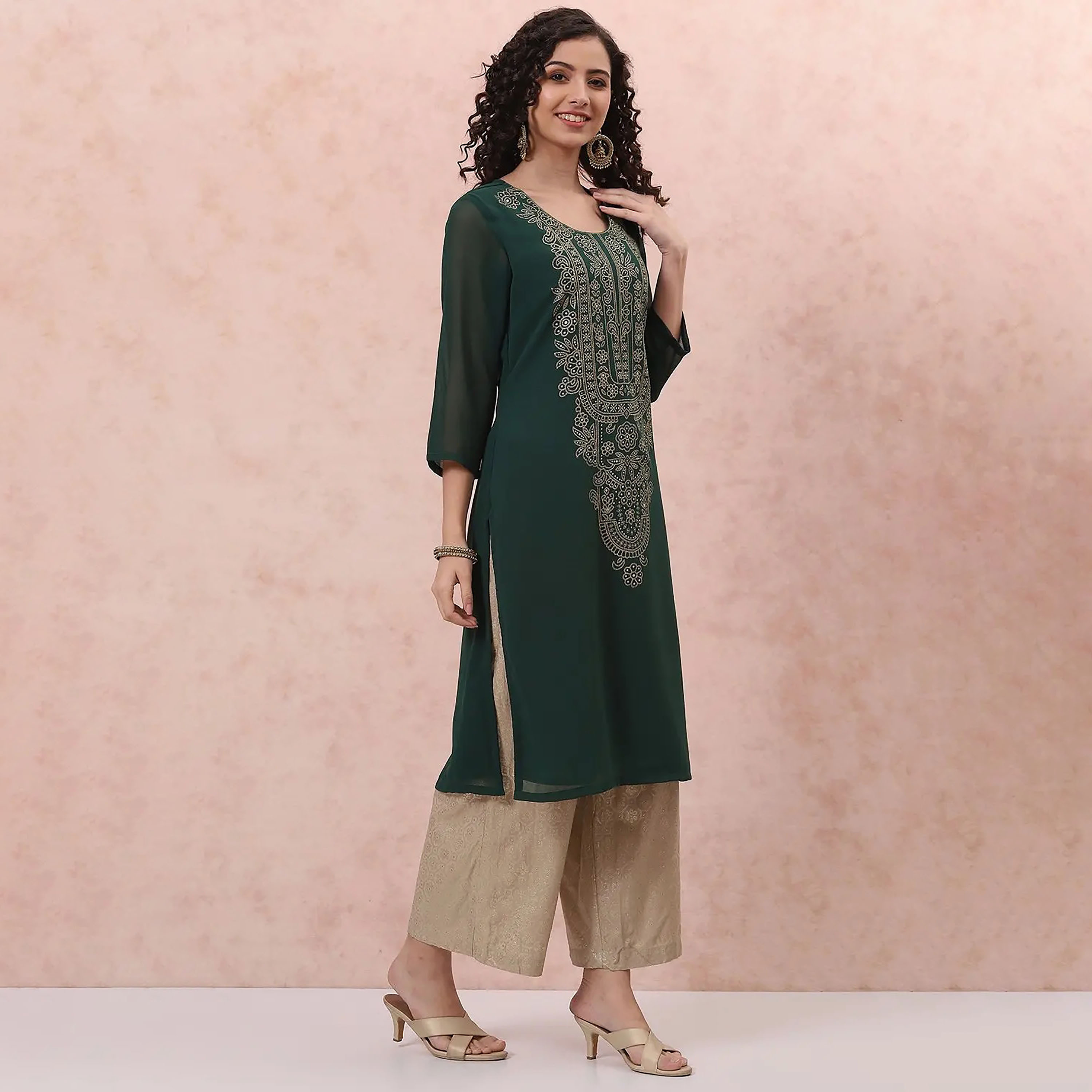 كورتا مستقيمة من رانغريتي ذو مطبوعة برقبة مستديرة-women-clothing-ethnicwear-dresses-image-2