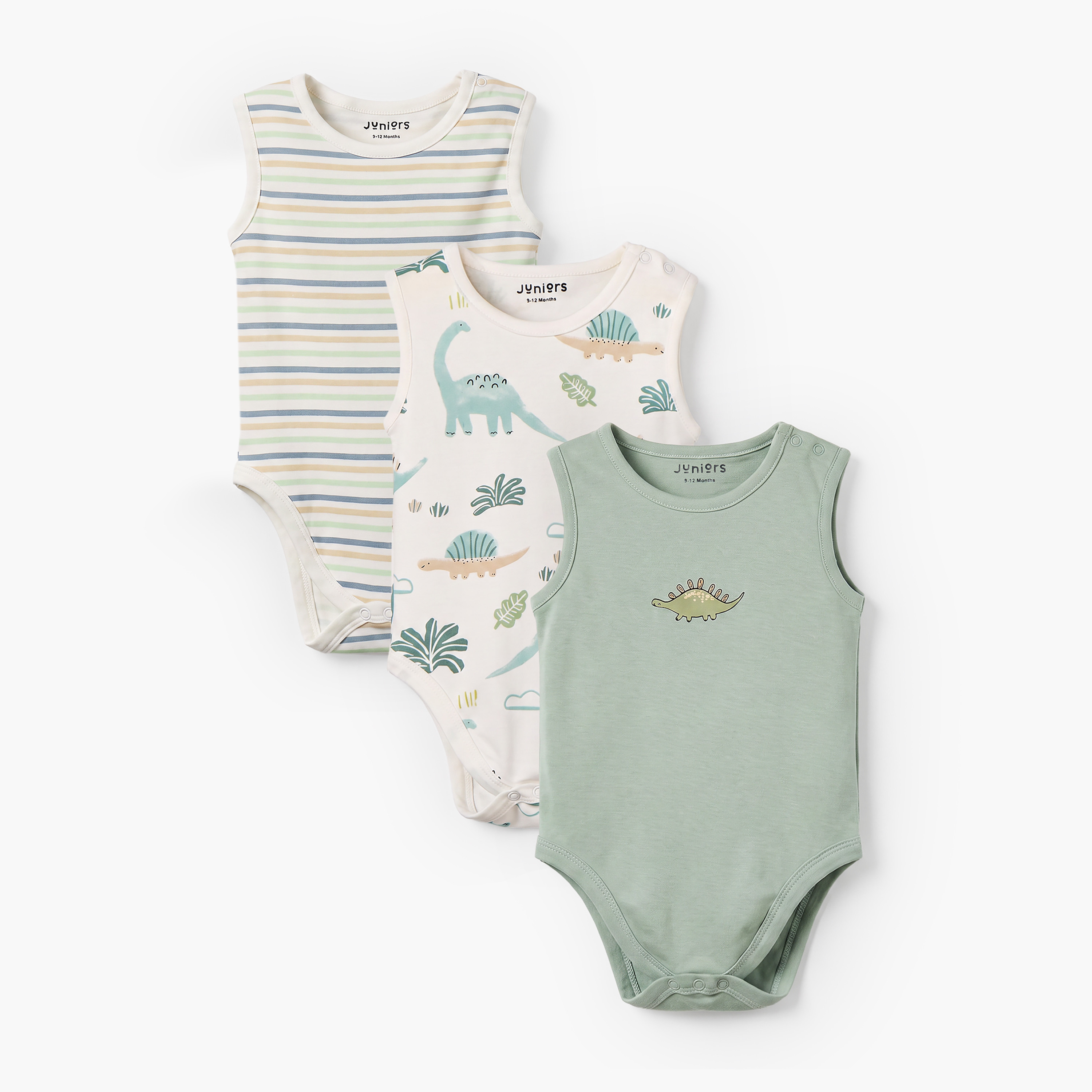 Pack of 3 Juniors Round Neck Sleeveless Bodysuit with Dinosaur Print-baby-boys-clothing-bodysuits-image-1