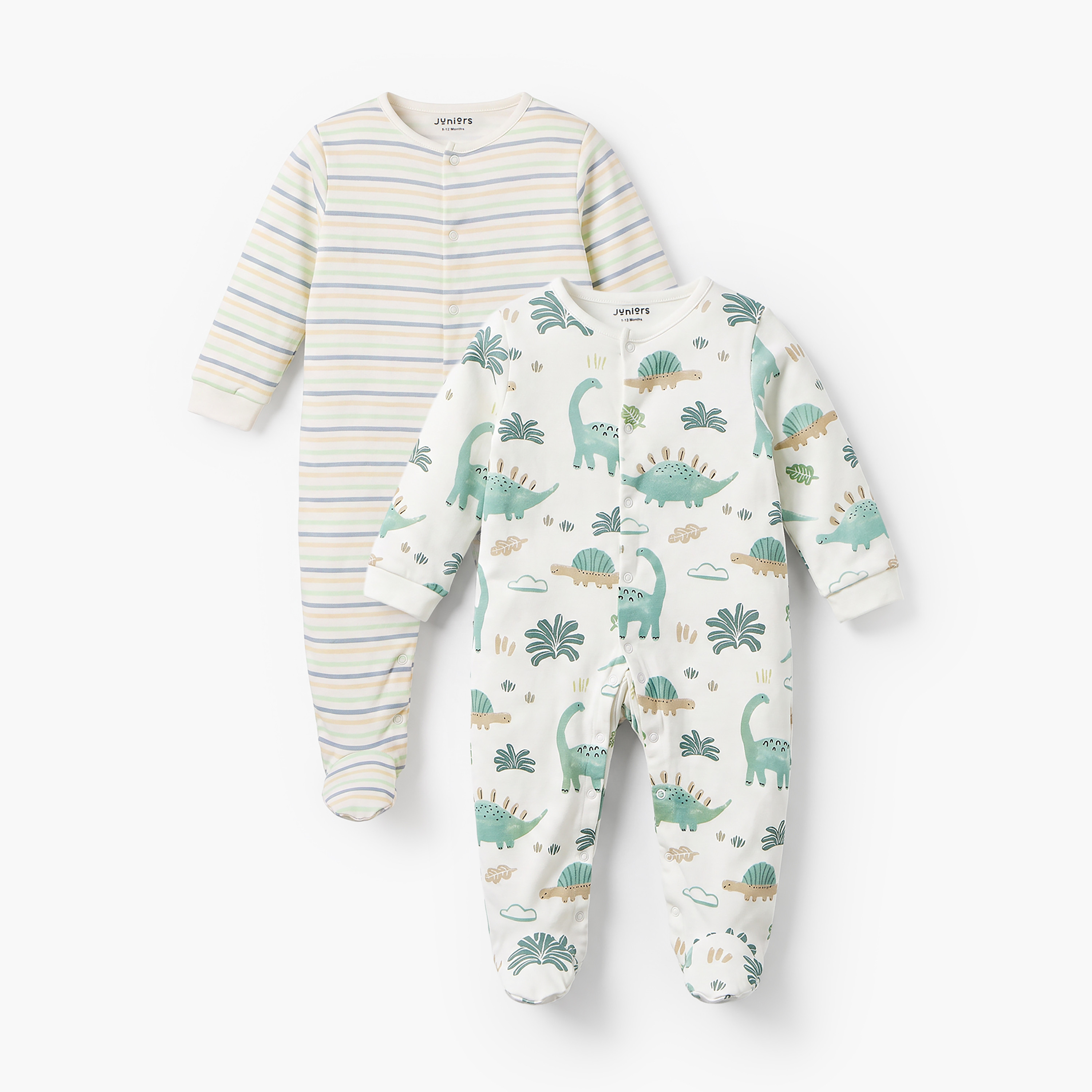 Pack of 2 Juniors Cotton Crew Neck Long Sleeves Sleepsuit with Dinosaur Print-baby-boys-clothing-nightwear-sleepsuits-image-1