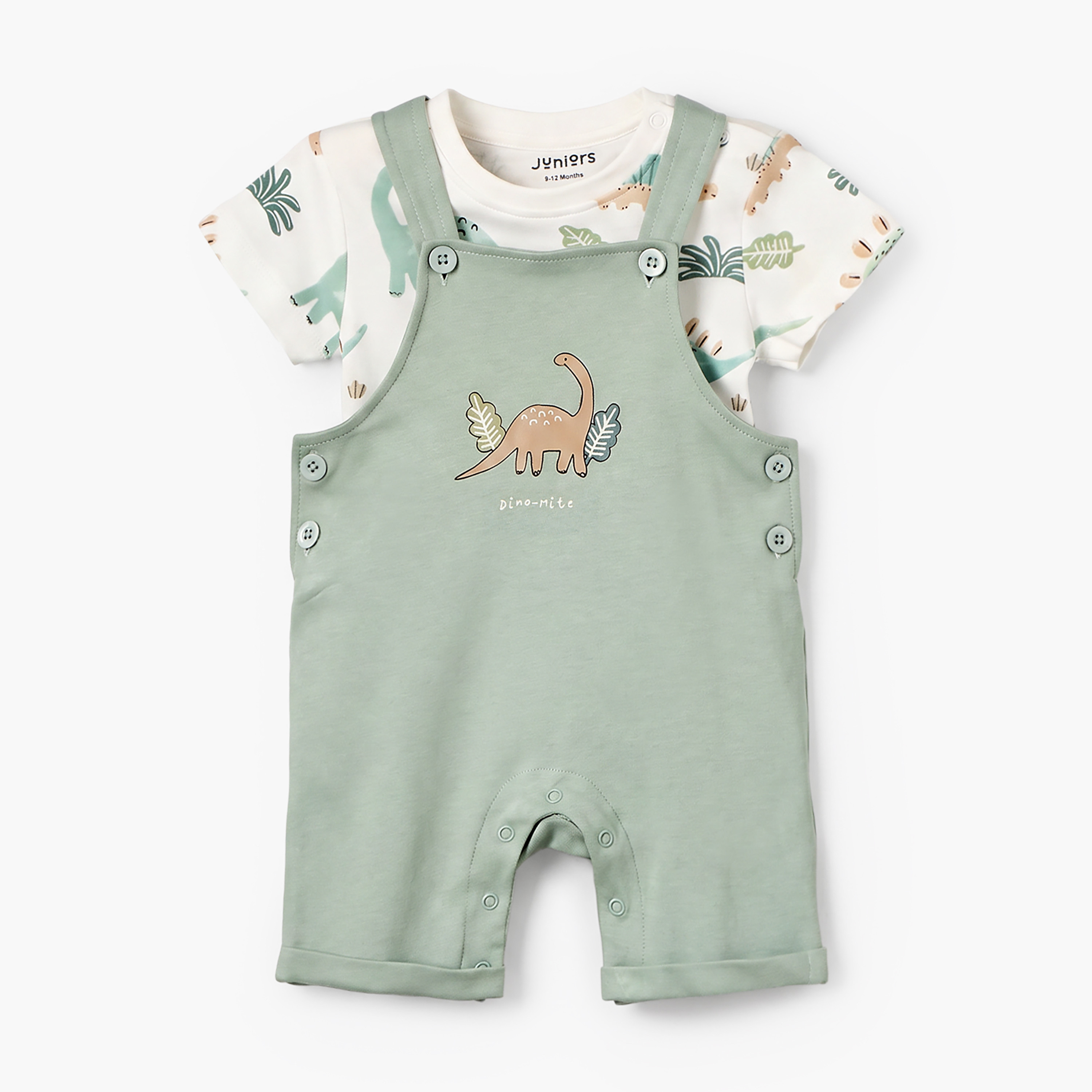 Juniors Crew Neck Short Sleeves T-shirt and Dungaree Set with Dinosaur Print-baby-boys-clothing-setsandcoords-image-1