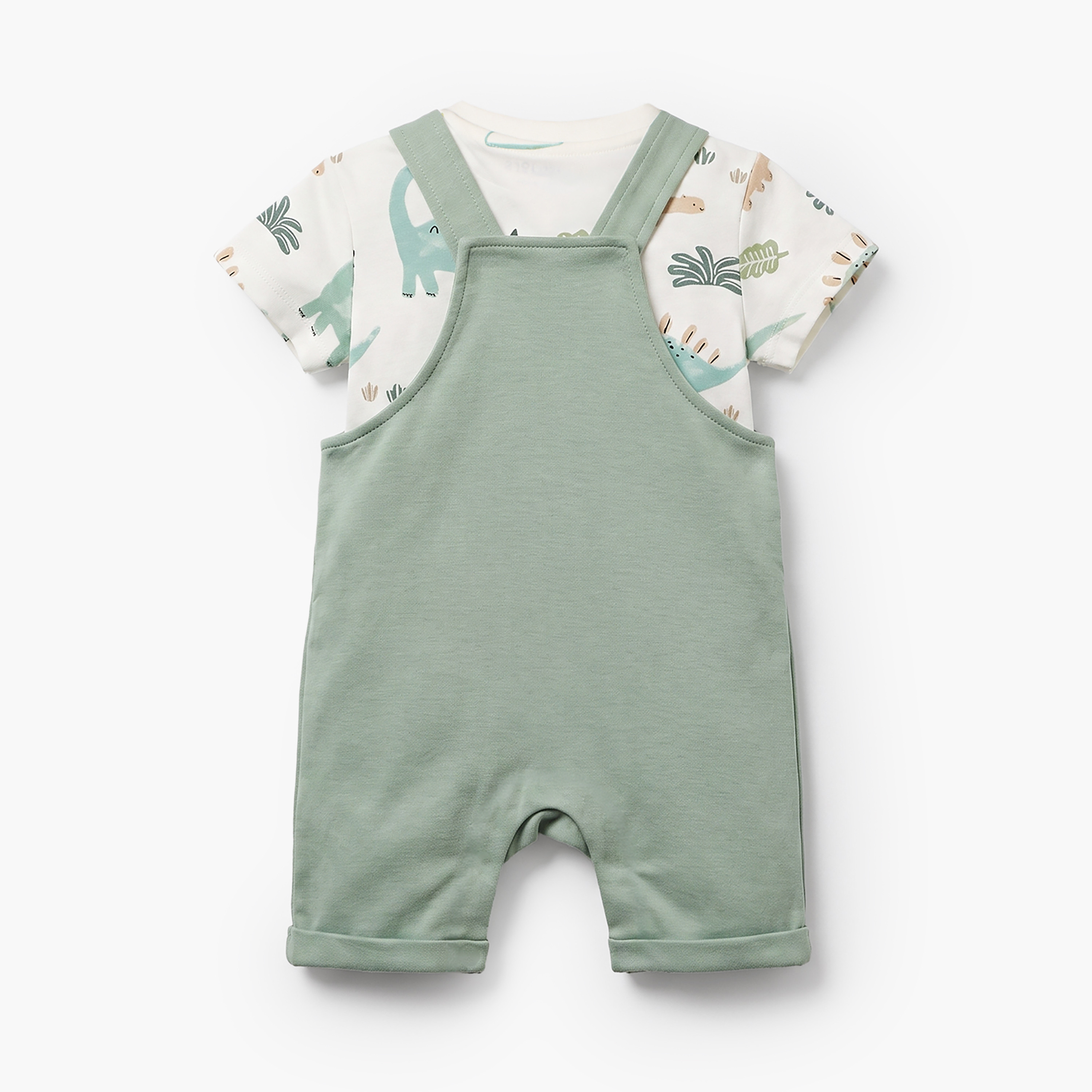 Juniors Crew Neck Short Sleeves T-shirt and Dungaree Set with Dinosaur Print-baby-boys-clothing-setsandcoords-image-2