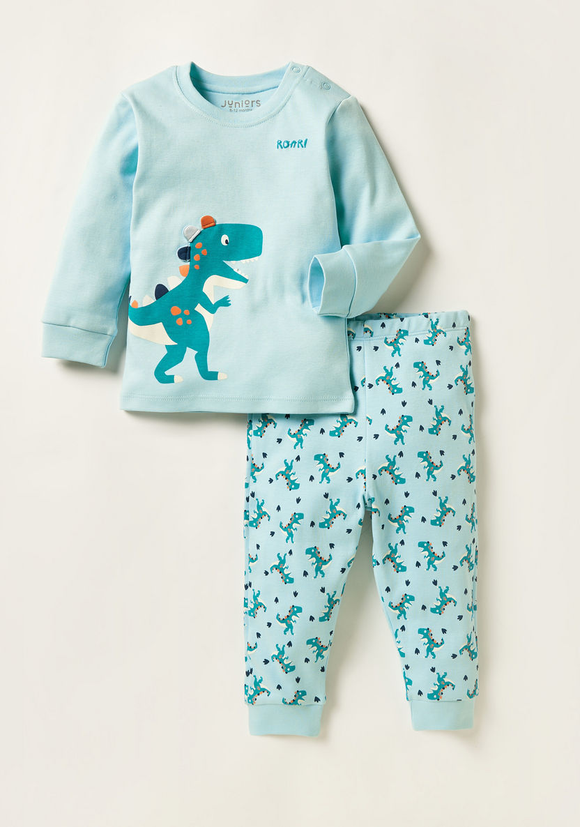 Juniors Dinosaur Print Long Sleeve T-shirt and Pyjama Set-Pyjama Sets-image-0