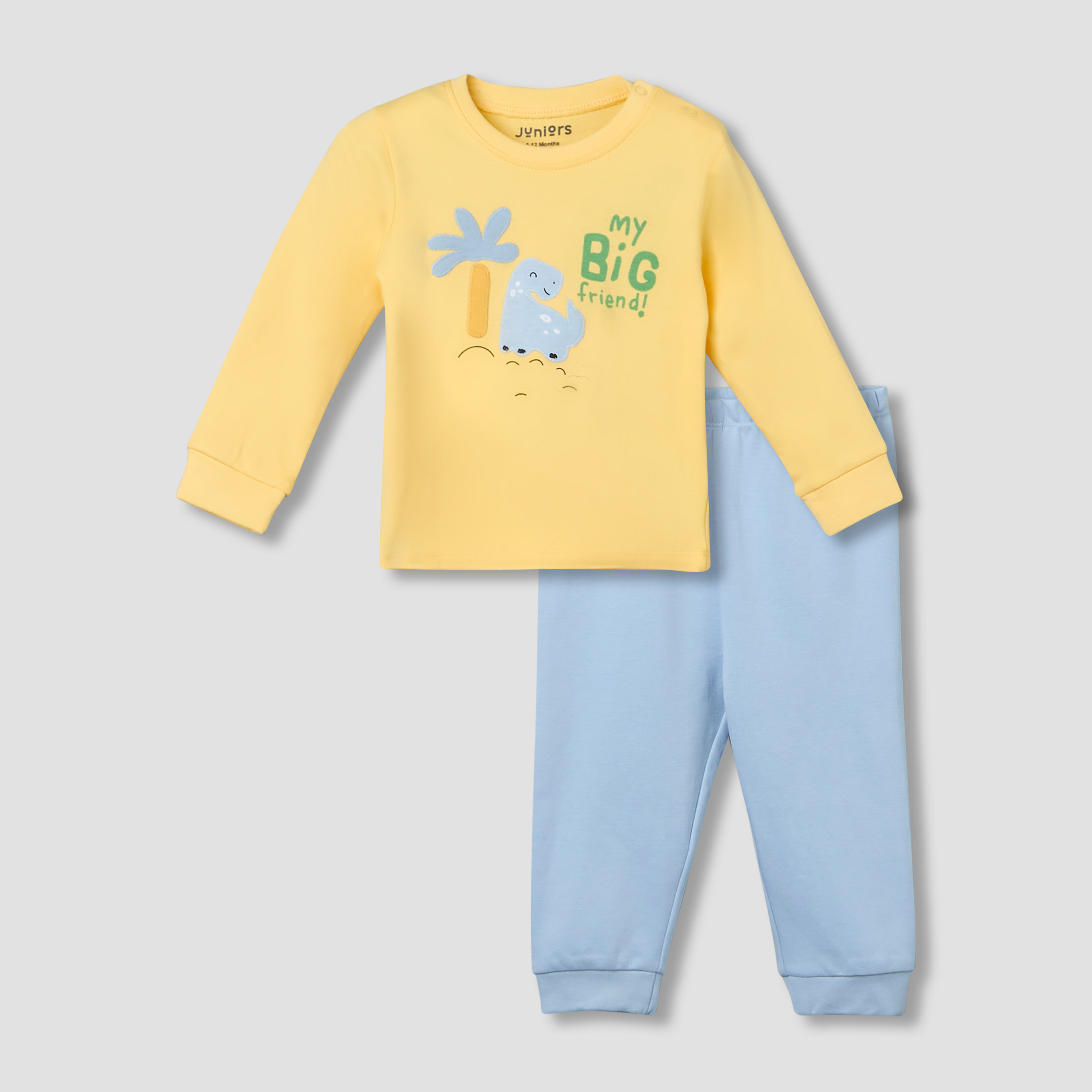 Juniors Cotton Crew Neck Long Sleeves Pyjama Set with Dinosaur Applique-baby-boys-clothing-nightwear-pyjamasets-image-2