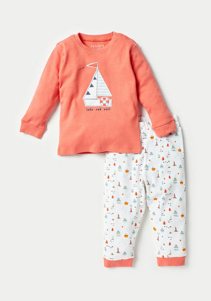 Juniors Sailing Boat Applique T-shirt and Pyjama Set-Pyjama Sets-image-0