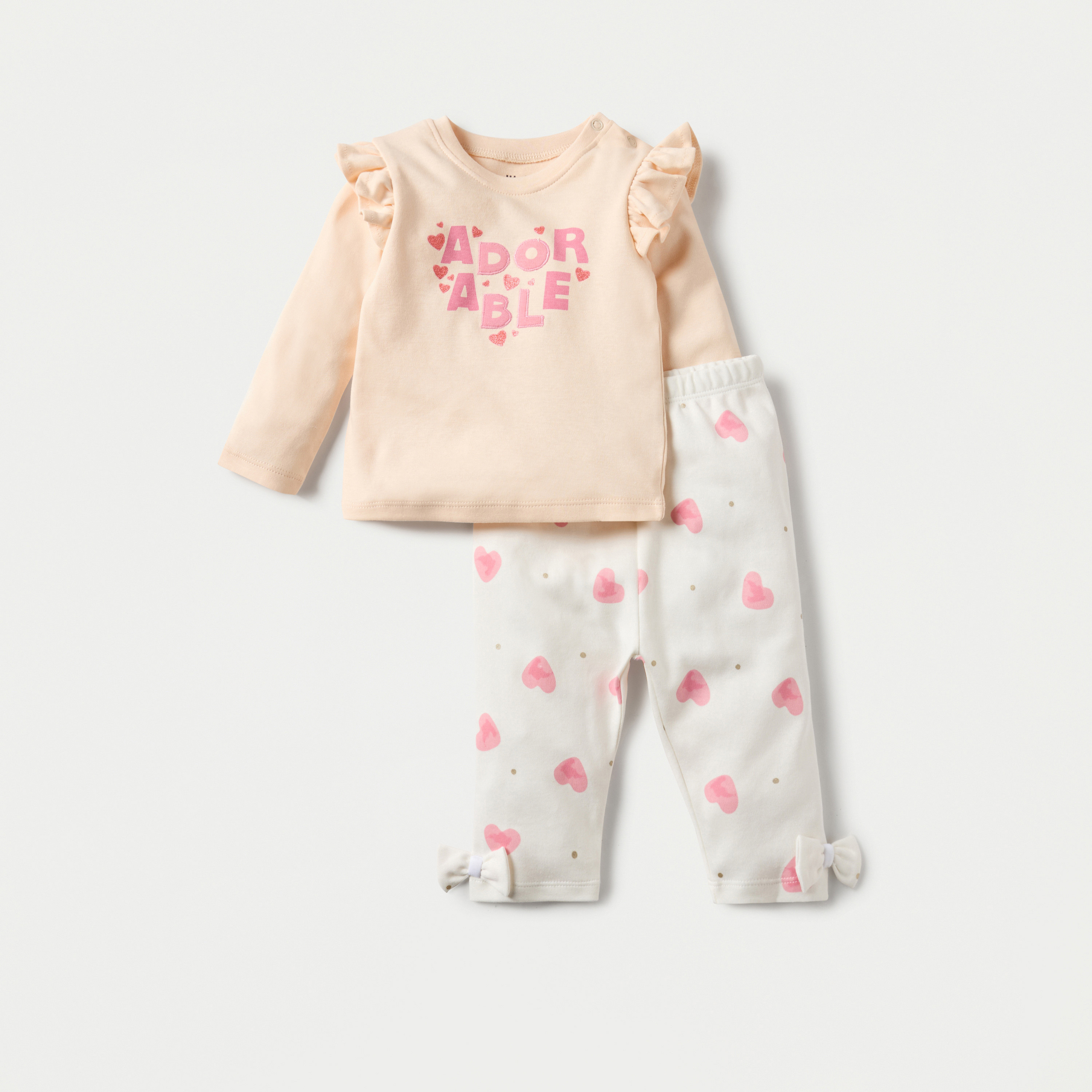 Juniors Heart Print Long Sleeve T-shirt and Elasticated Pyjama Set-baby-girls-clothing-nightwear-pyjamasets-image-1
