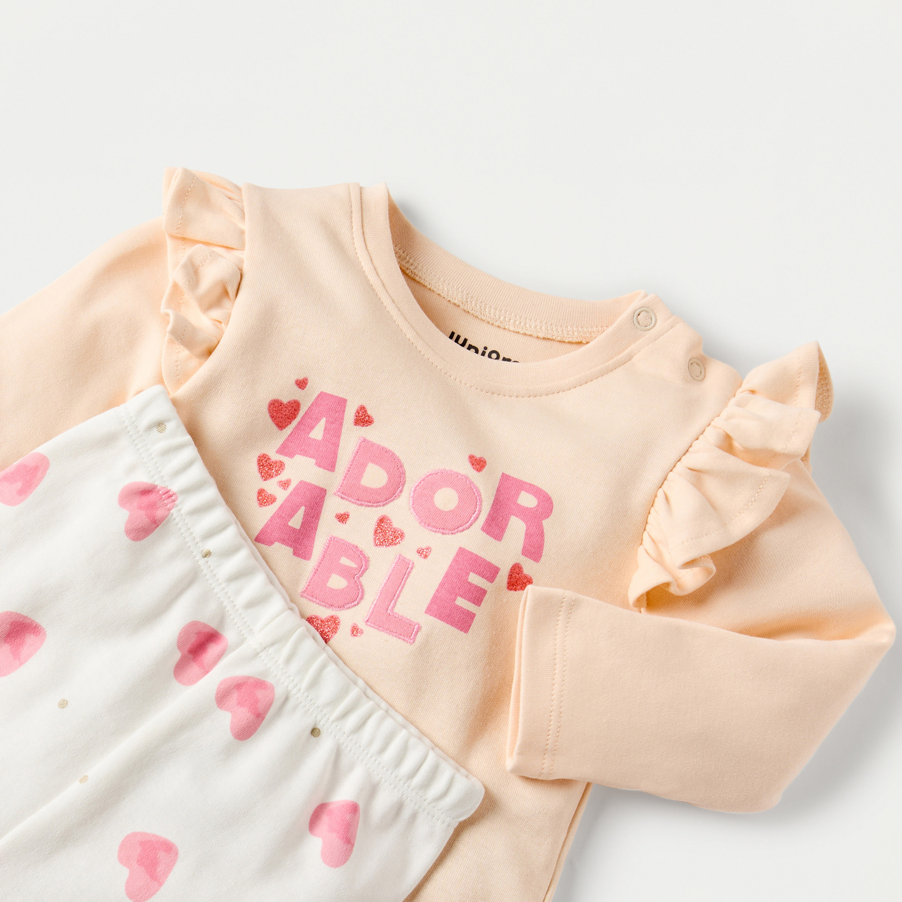 Juniors Heart Print Long Sleeve T-shirt and Elasticated Pyjama Set-baby-girls-clothing-nightwear-pyjamasets-image-4