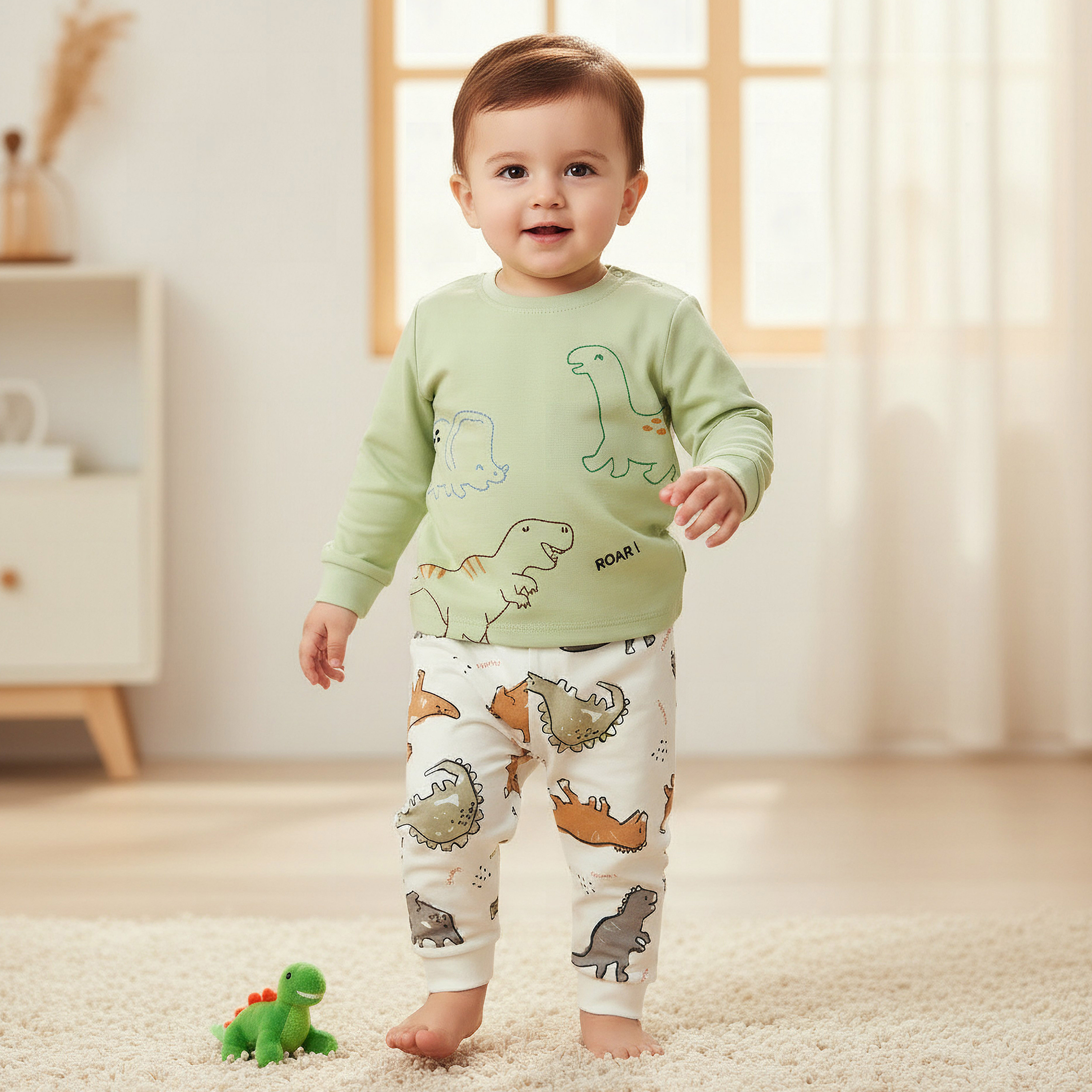 Juniors Cotton Crew Neck Long Sleeves Pyjama Set with Dinosaur Print-baby-boys-clothing-nightwear-pyjamasets-image-1