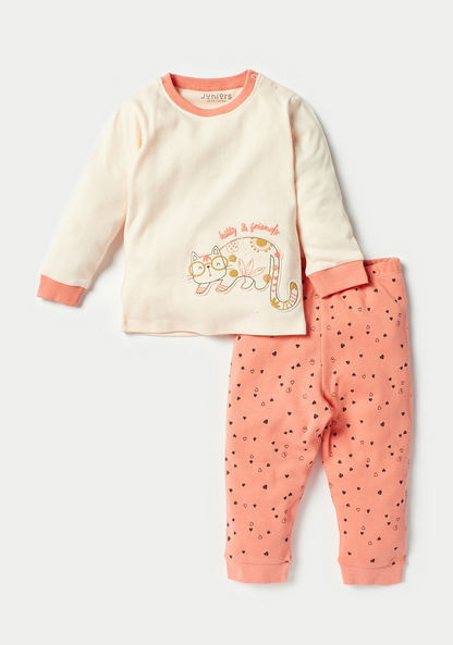 Juniors Cat Applique T-shirt and Pyjama Set-Pyjama Sets-image-0