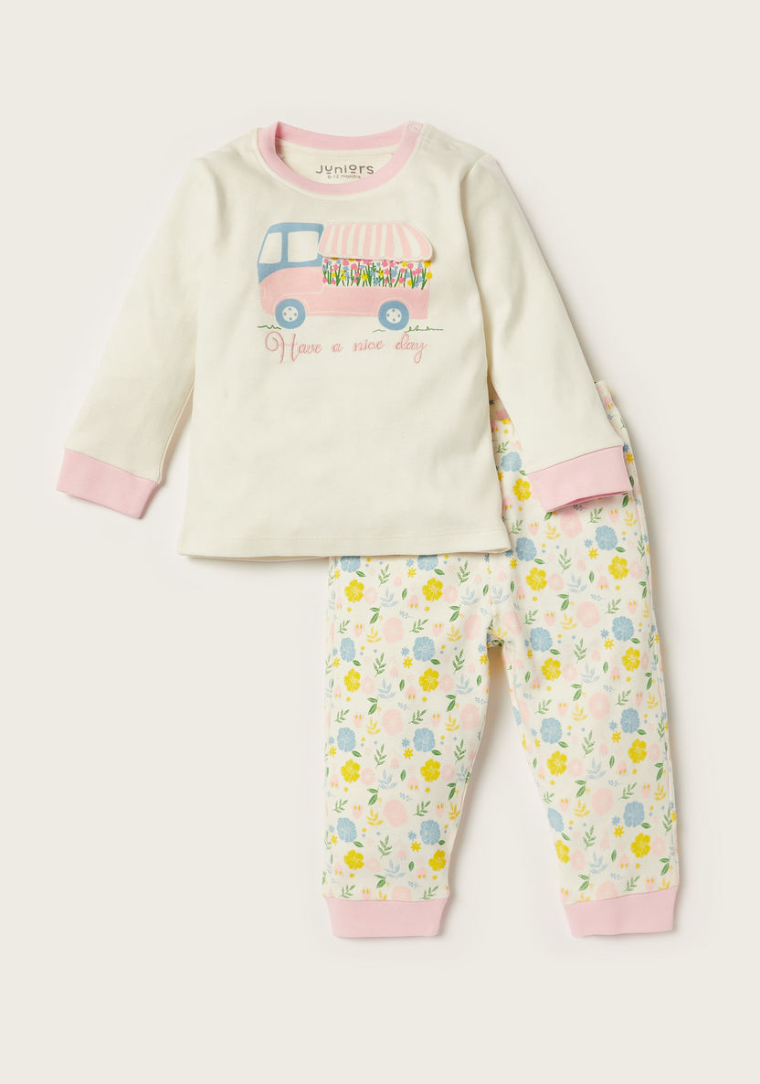 Juniors Printed Round Neck T-shirt and Full Length Pyjama Set-Pyjama Sets-image-0