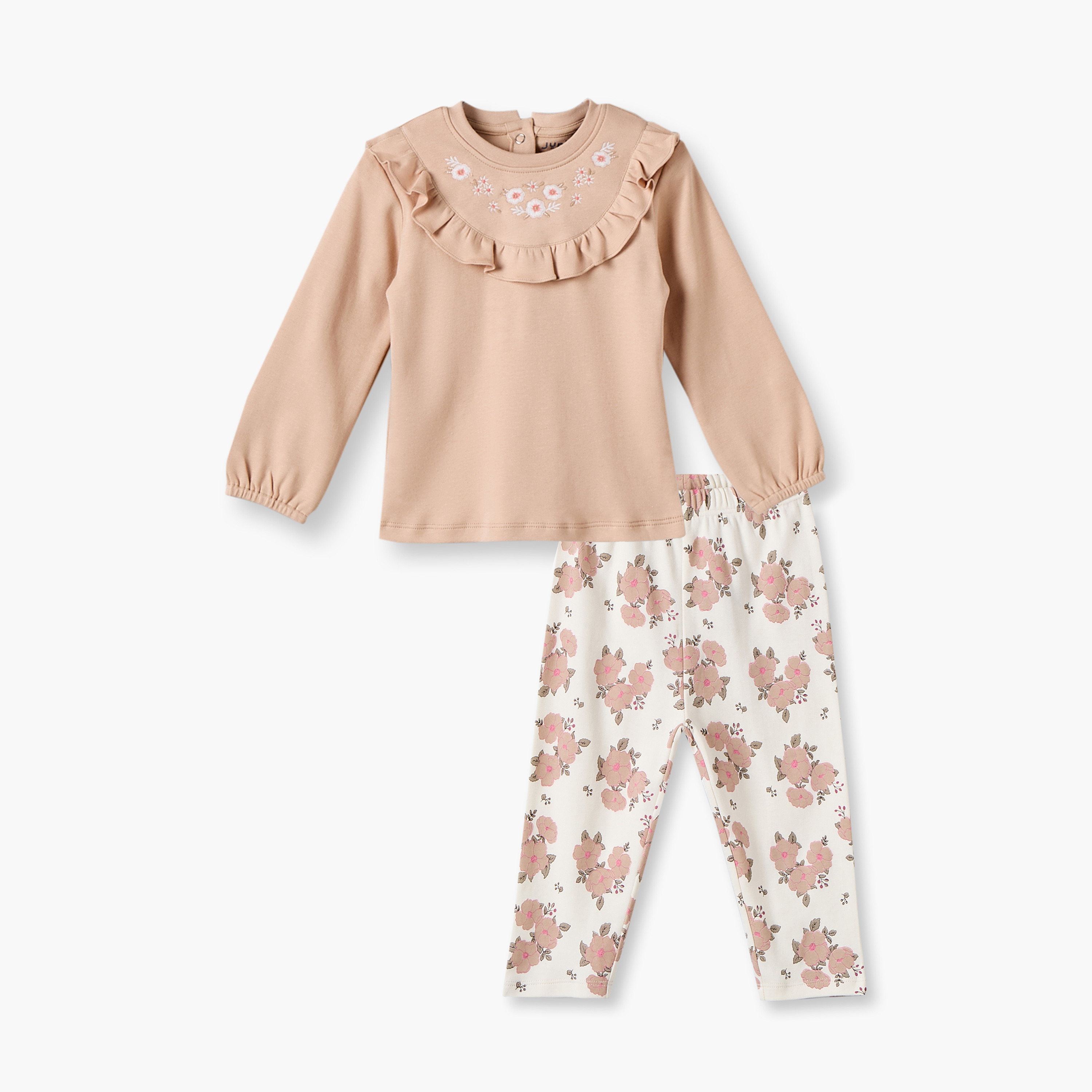 Juniors Cotton Crew Neck Long Sleeves Pyjama Set with Floral Print-baby-girls-clothing-nightwear-pyjamasets-image-2