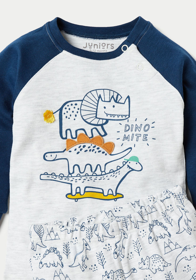 Juniors Dinosaur Print Long Sleeves T-shirt and Pyjama Set-Pyjama Sets-image-3