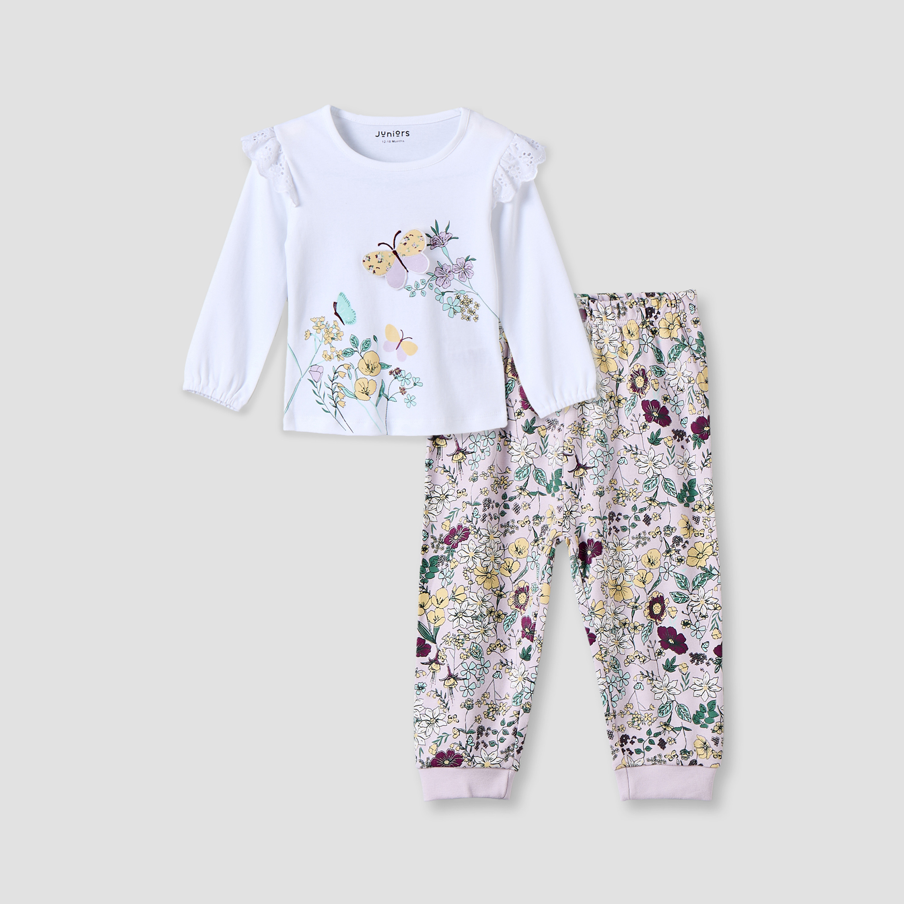 طقم بيجاما قطن بطبعات أزهار وياقة ضيقة وأكمام طويلة من جونيورز-baby-girls-clothing-nightwear-pyjamasets-image-1