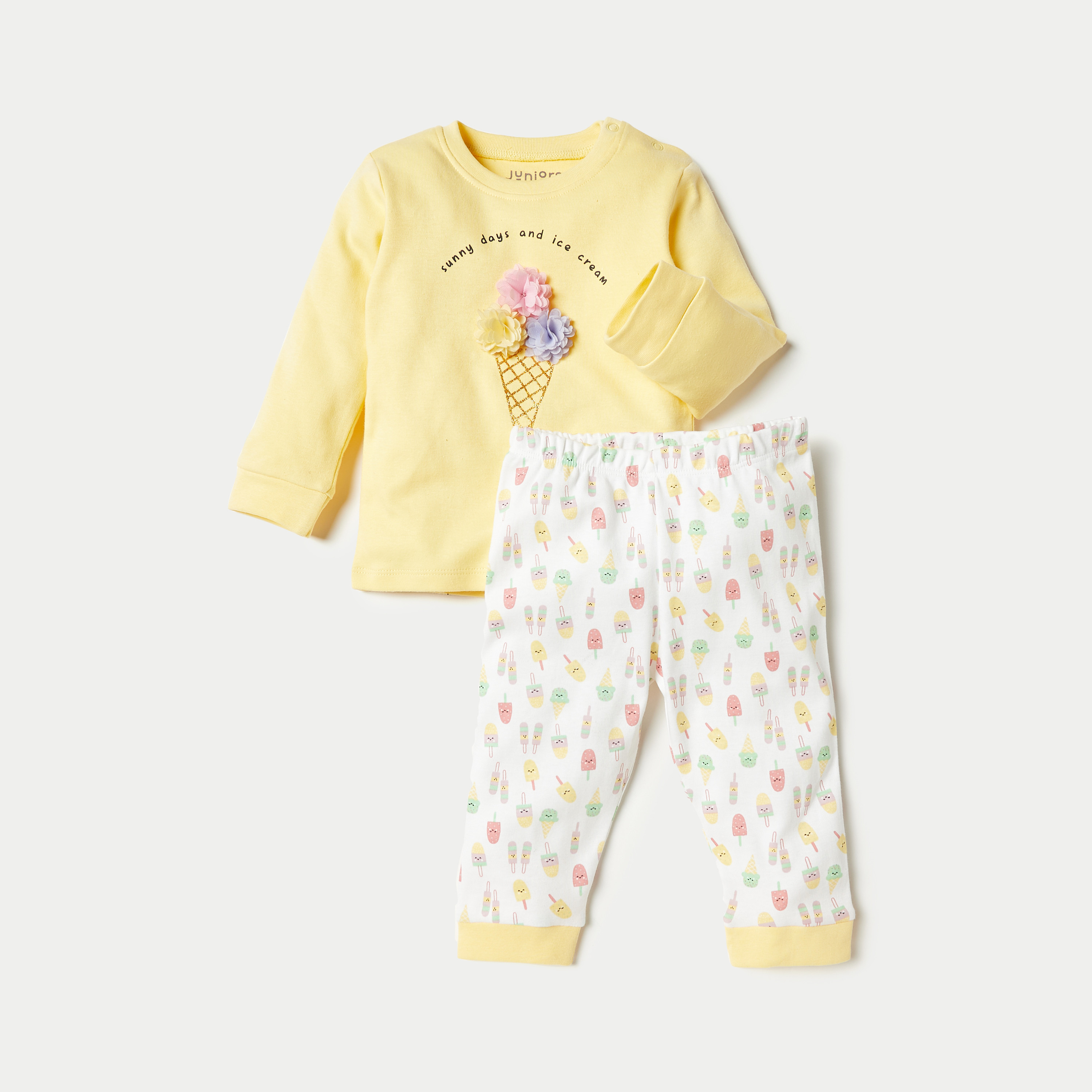 Juniors Applique Detail Long Sleeve Sweatshirt and Printed Pyjama Set-baby-girls-clothing-nightwear-pyjamasets-image-1