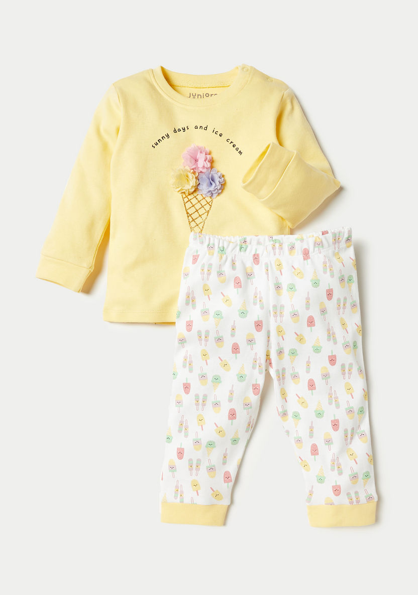 Juniors Applique Detail Long Sleeve Sweatshirt and Printed Pyjama Set-Pyjama Sets-image-0