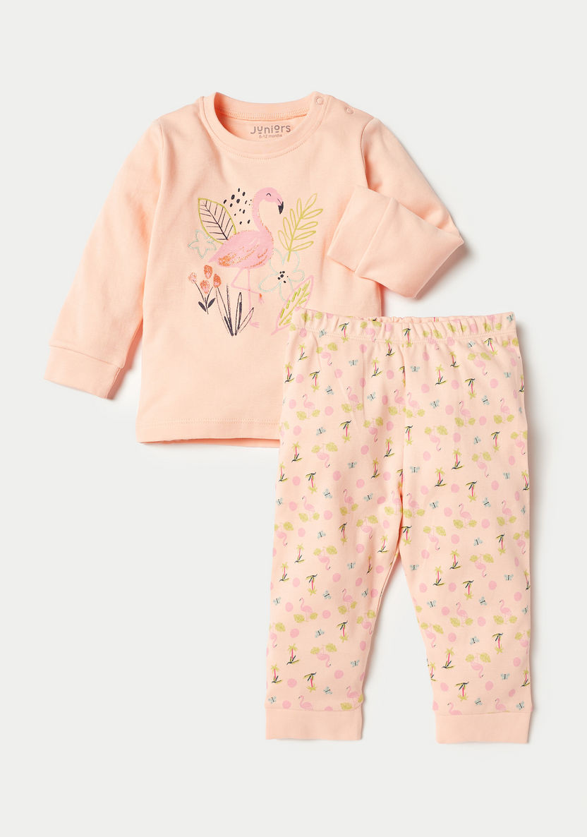 Juniors Flamingo Print Long Sleeve Sweatshirt and Pyjama Set-Pyjama Sets-image-0