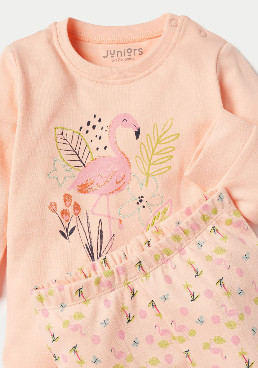Juniors Flamingo Print Long Sleeve Sweatshirt and Pyjama Set-Pyjama Sets-image-3