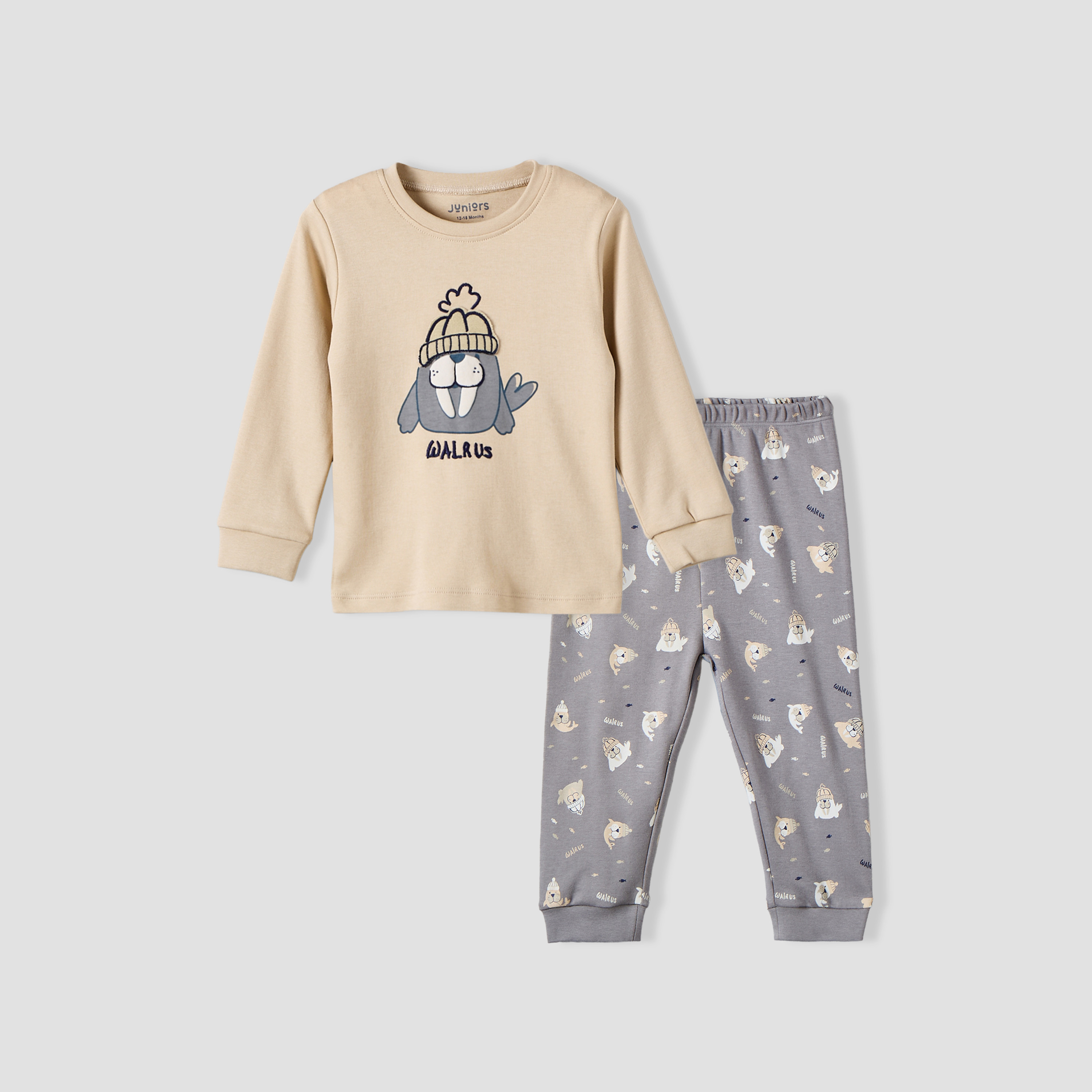 طقم بيجاما قطن بياقة دائرية وأكمام طويلة بطبعة حيوان الفظ من جونيورز-baby-boys-clothing-nightwear-pyjamasets-image-2