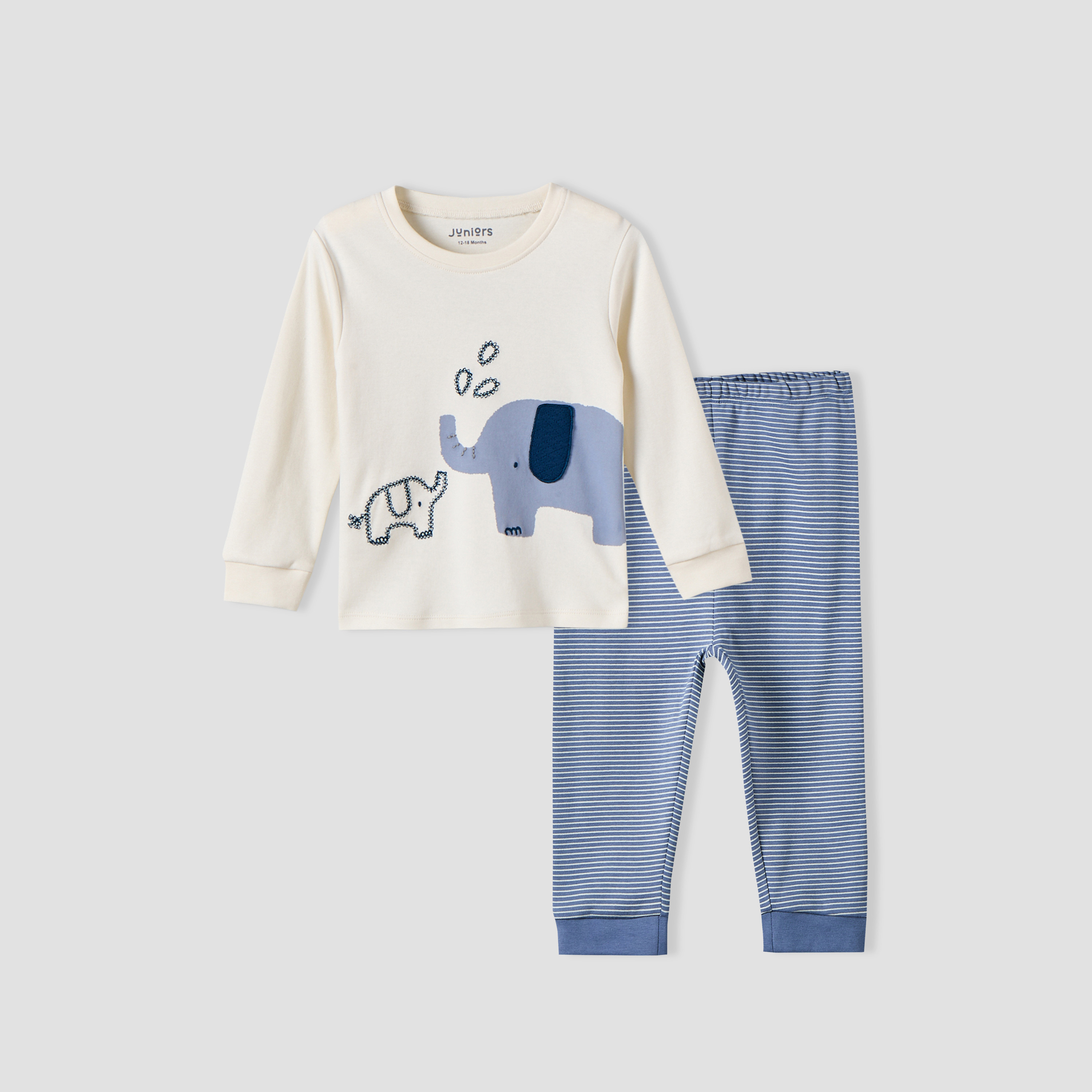 طقم بيجاما قطن بأكمام طويلة وياقة مستديرة وطبعات فيل من جونيورز-baby-boys-clothing-nightwear-pyjamasets-image-2