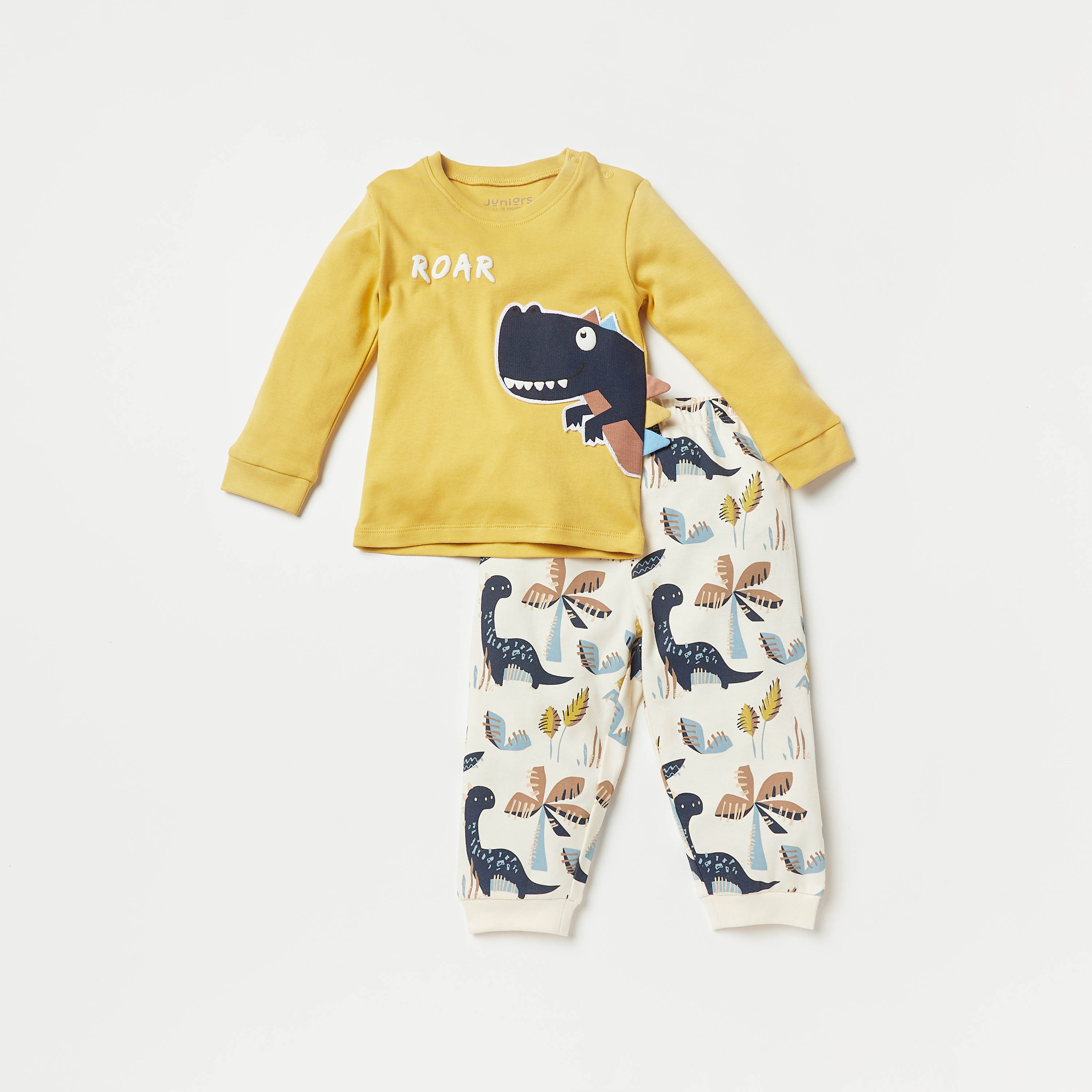 Juniors Dinosaur Print Long Sleeves T-shirt and Pyjama Set-baby-boys-clothing-nightwear-pyjamasets-image-1
