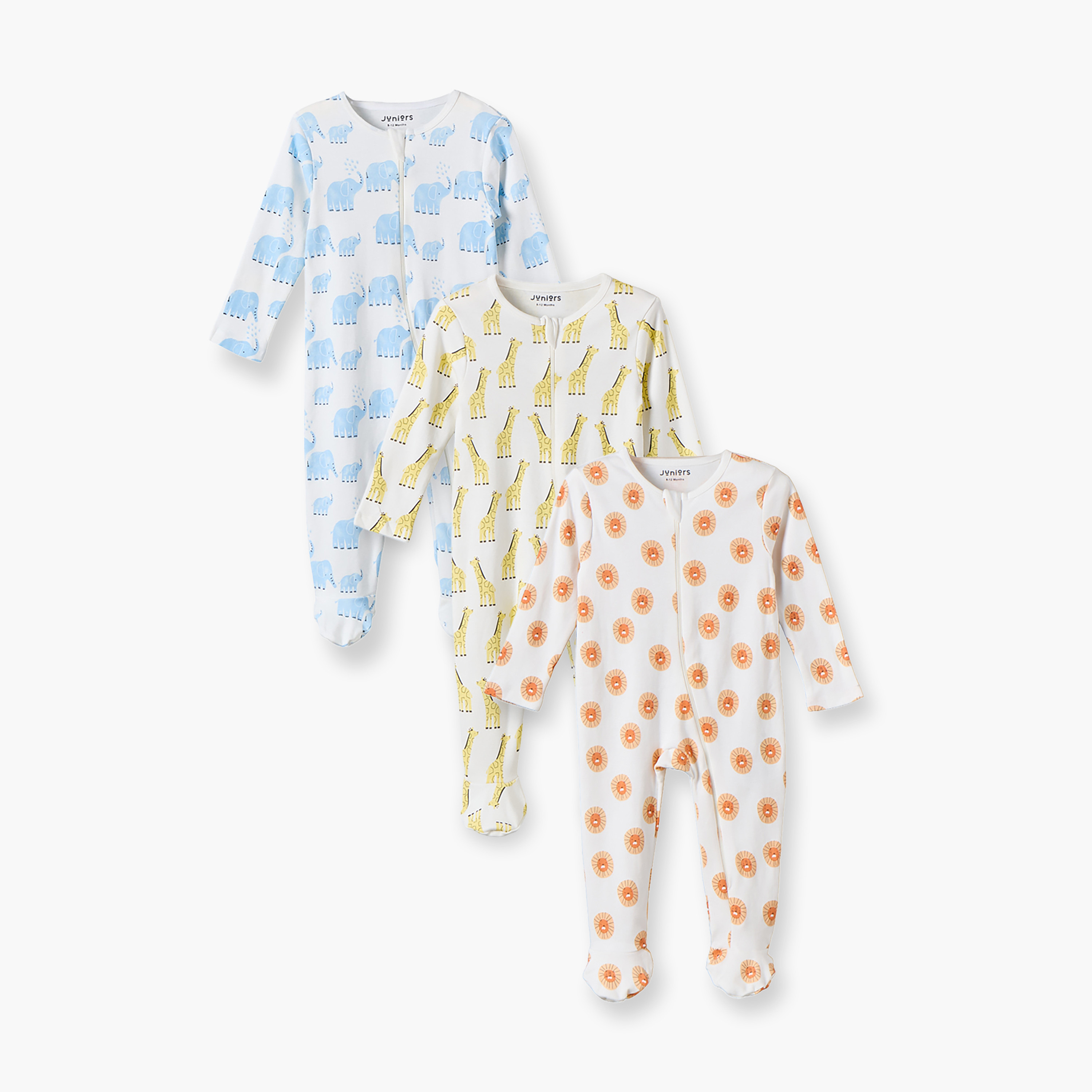 Set of 3 Juniors Cotton Round Neck Long Sleeves Sleepsuit with Safari Print-baby-girls-clothing-nightwear-sleepsuits-image-1