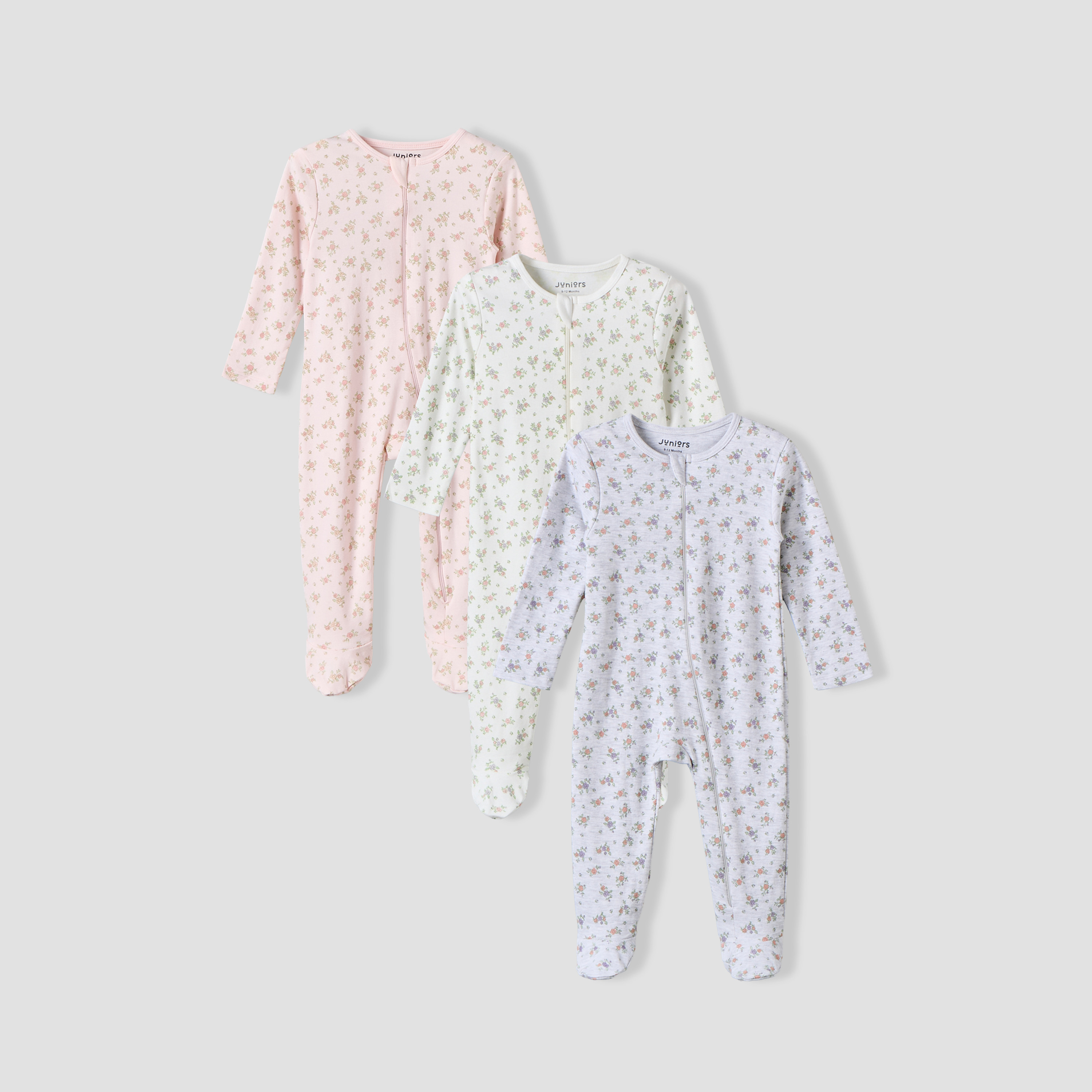 Pack of 3 Juniors Cotton Crew Neck Long Sleeves Sleepsuit with Zip Closure-baby-girls-clothing-nightwear-sleepsuits-image-2