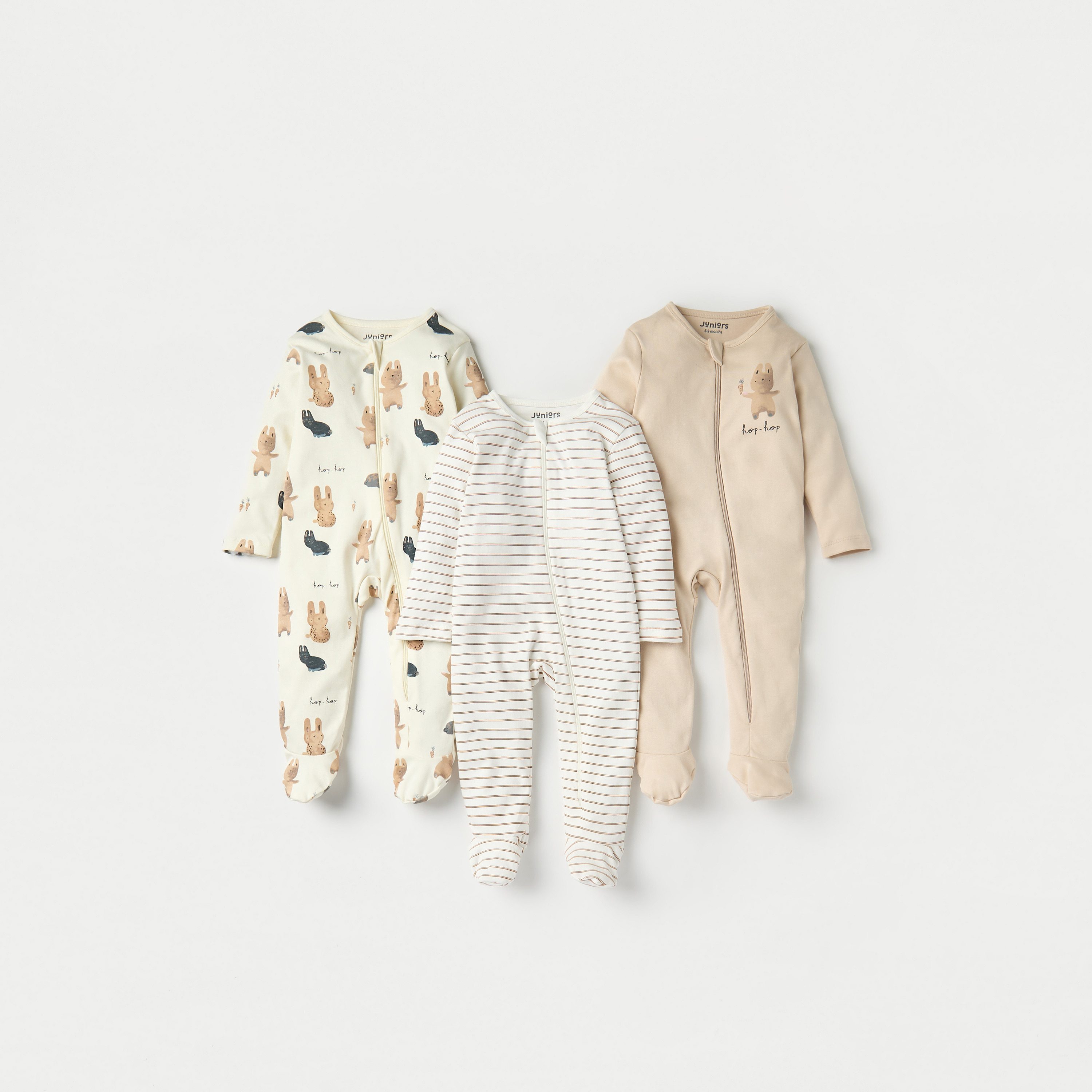 Juniors Bunny Print Sleepsuit with Long Sleeves and Zip Closure - Set of 3-baby-boys-clothing-nightwear-sleepsuits-image-1