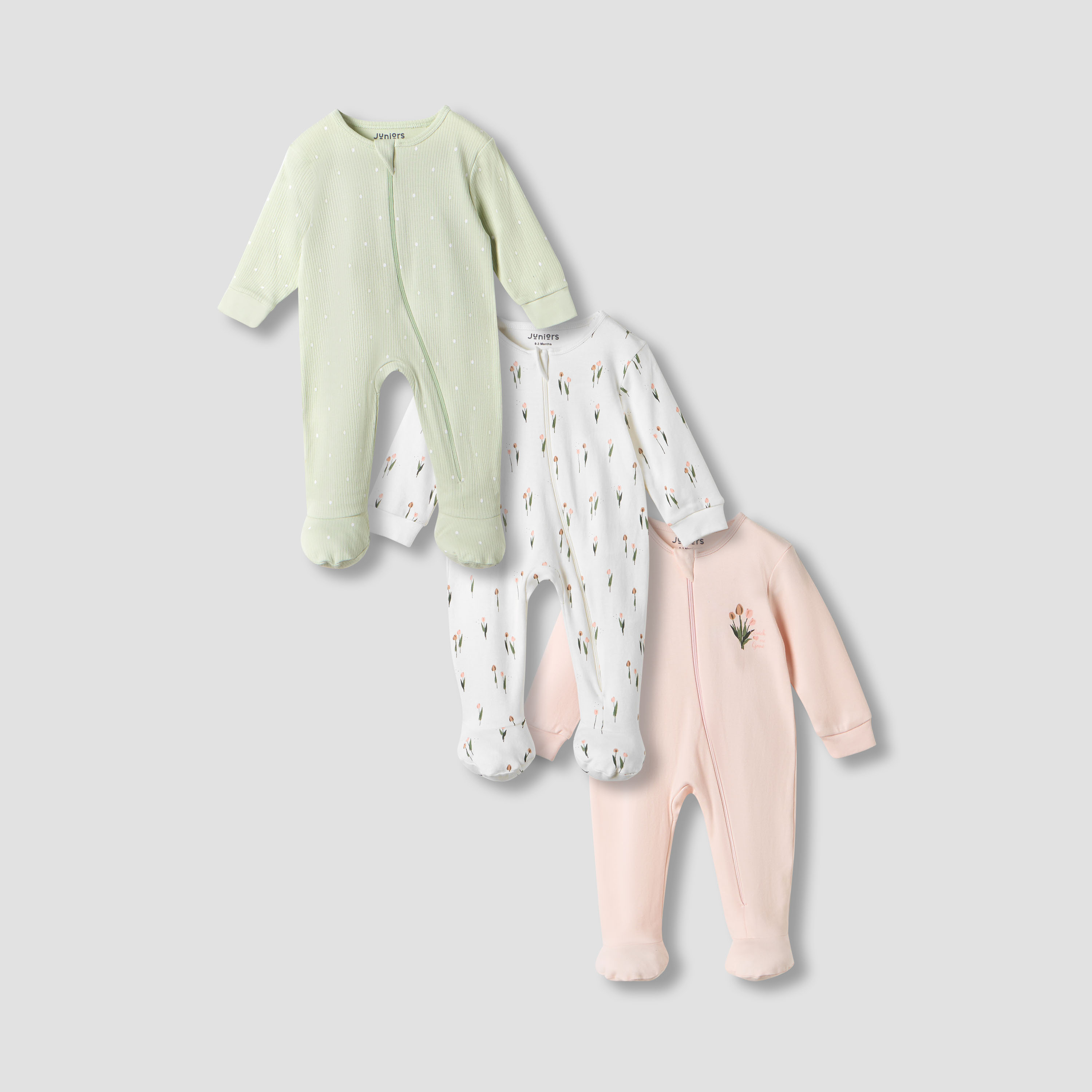 Juniors Printed Closed Feet Sleepsuit with Long Sleeves - Set of 3-baby-girls-clothing-nightwear-sleepsuits-image-1