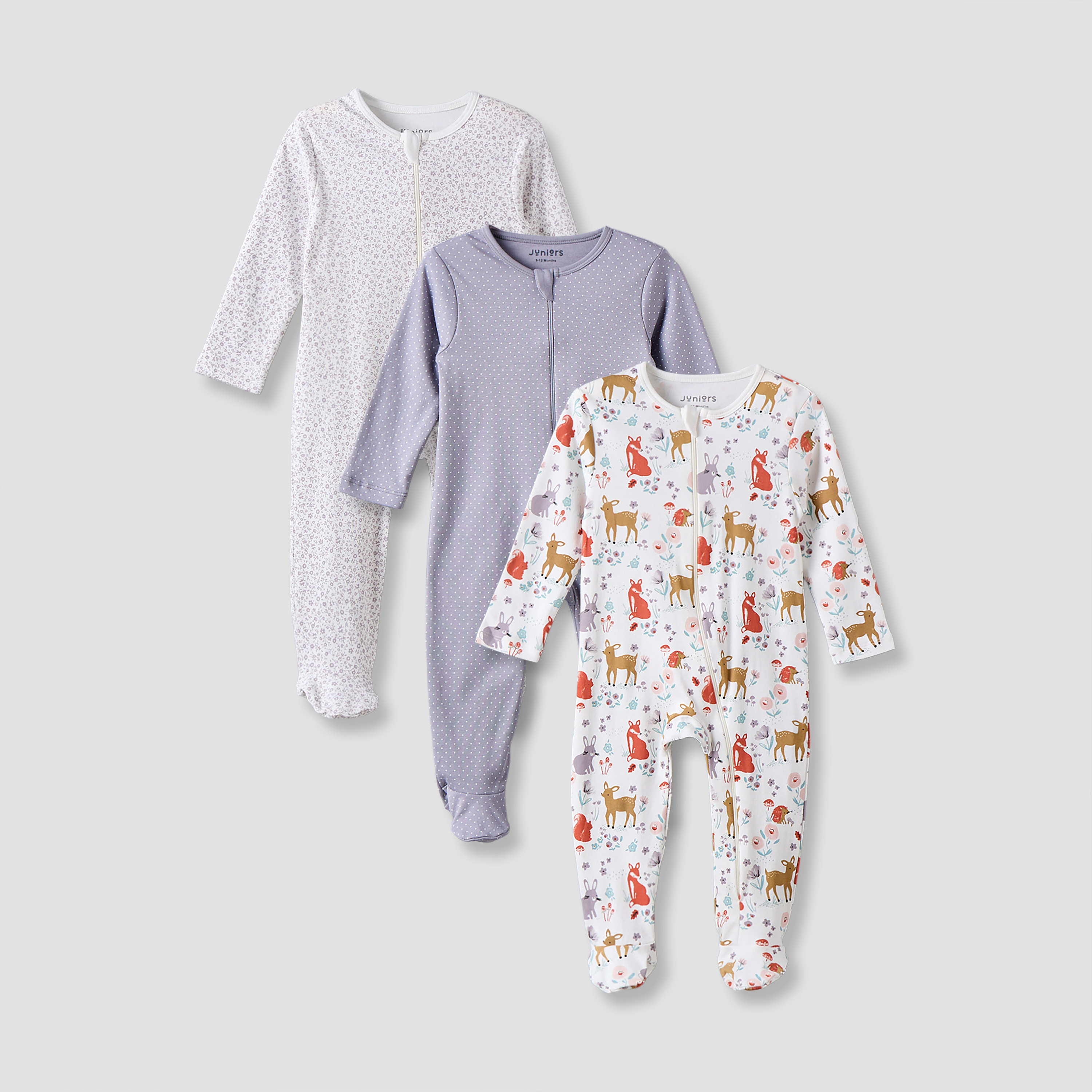 Pack of 3 Juniors Cotton Crew Neck Long Sleeves Sleepsuit with Zip Closure-baby-boys-clothing-nightwear-sleepsuits-image-1