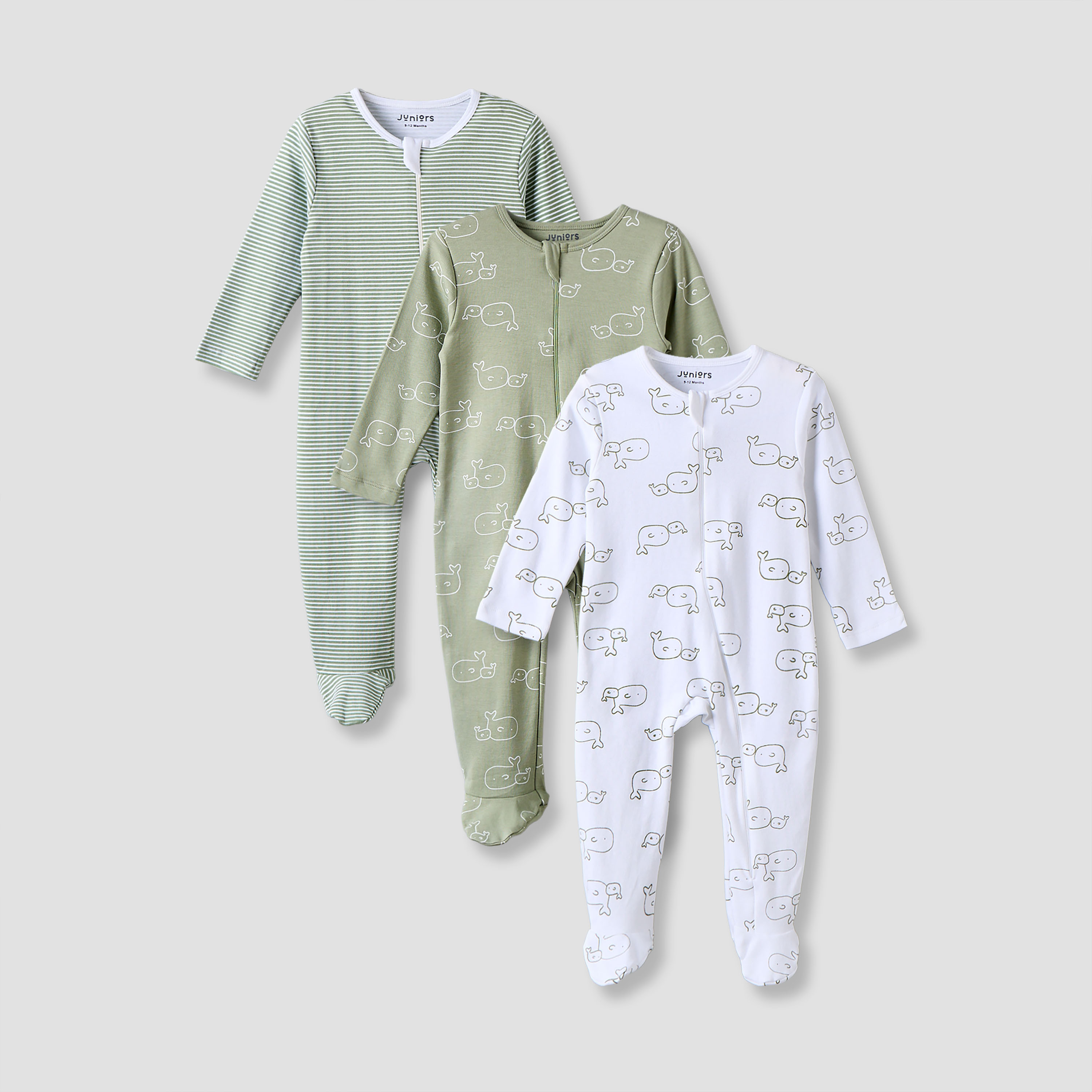 Pack of 3 Juniors Cotton Crew Neck Long Sleeves Sleepsuit with Zip Closure-baby-boys-clothing-nightwear-sleepsuits-image-1