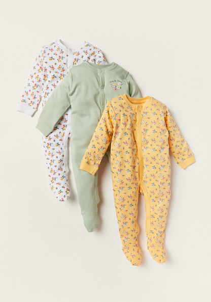 Juniors Floral Print Closed Feet Sleepsuit with Long Sleeves - Set of 3-Multipacks-image-0